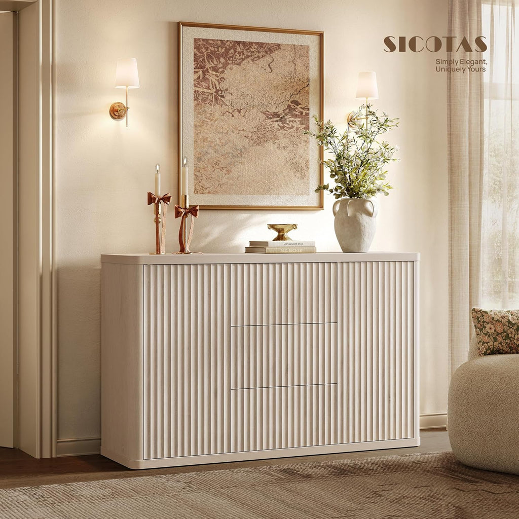 SICOTAS Buffet Cabinet with Storage 54.7" Large Modern Accent Storage Cabinet with Doors and Shelves Fluted Sideboard Credenza Buffet Table Coffee Bar for Living Room Kitchen Dining Room, White Alder
