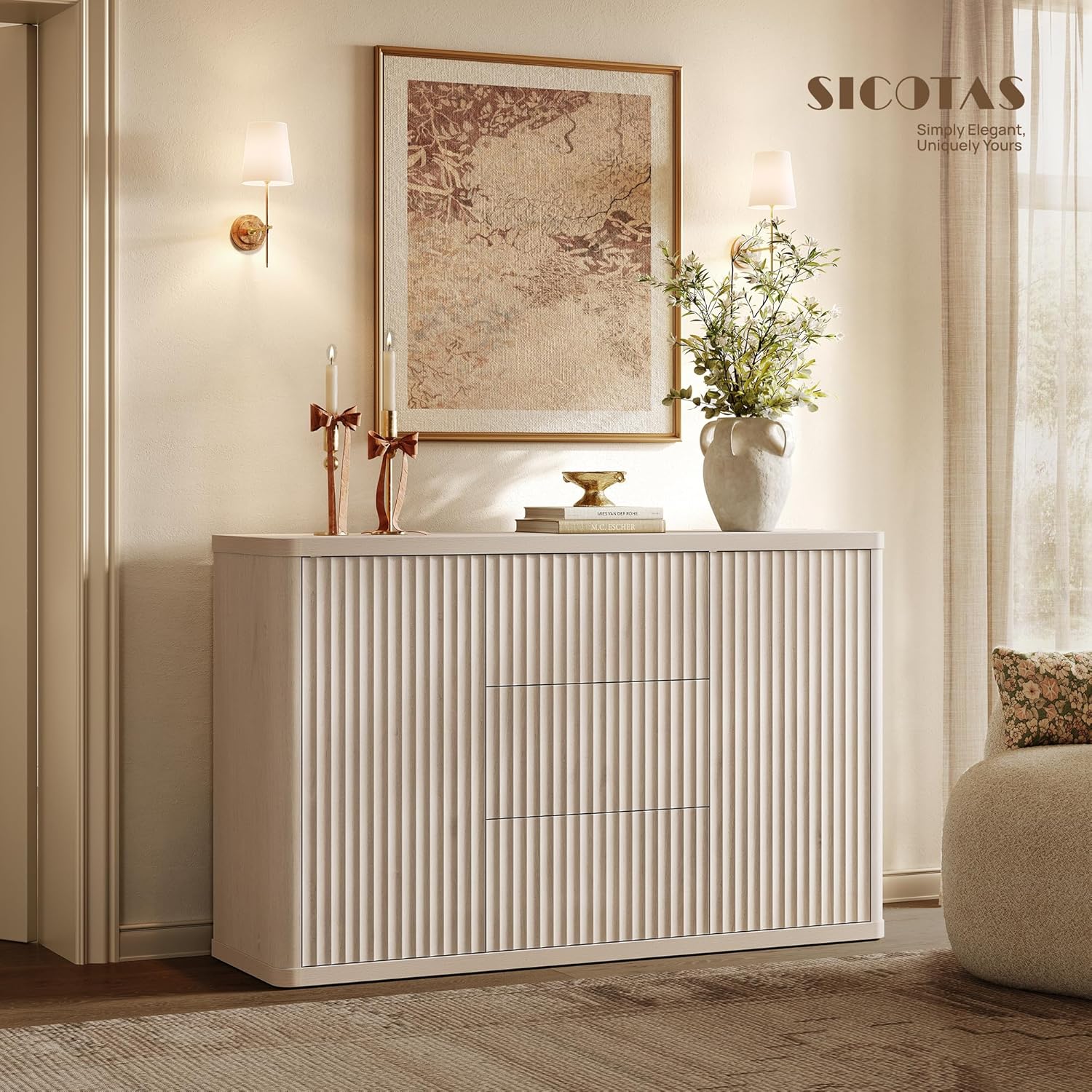 SICOTAS Buffet Cabinet with Storage 54.7" Large Modern Accent Storage Cabinet with Doors and Shelves Fluted Sideboard Credenza Buffet Table Coffee Bar for Living Room Kitchen Dining Room, White Alder