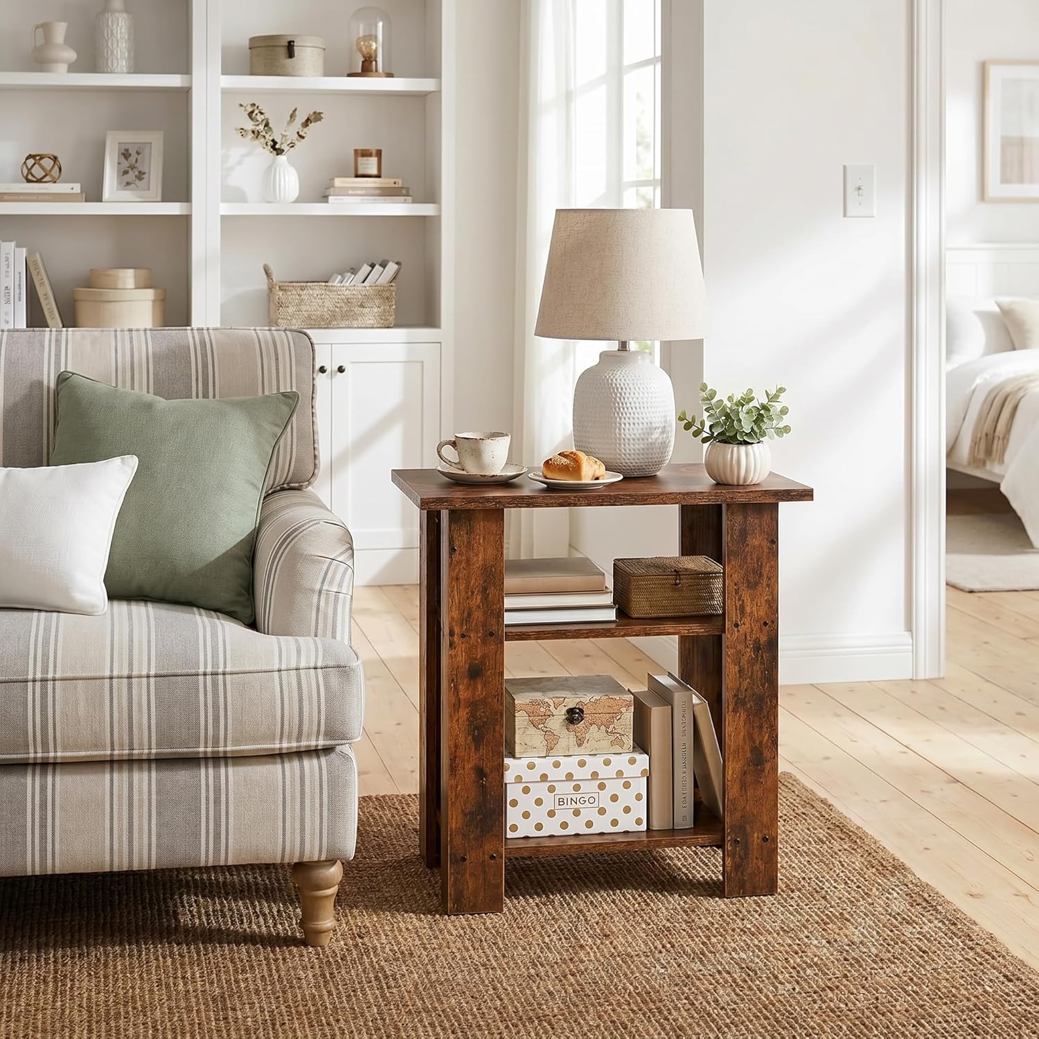 Narrow Side Table, 3 Tier Rustic End Table for Living Room, Small Wood Nightstand with Storage Shelves, Slim Bedside Table for Bedroom, Couch, Small Spaces, 22.8" High,Farmhouse Style