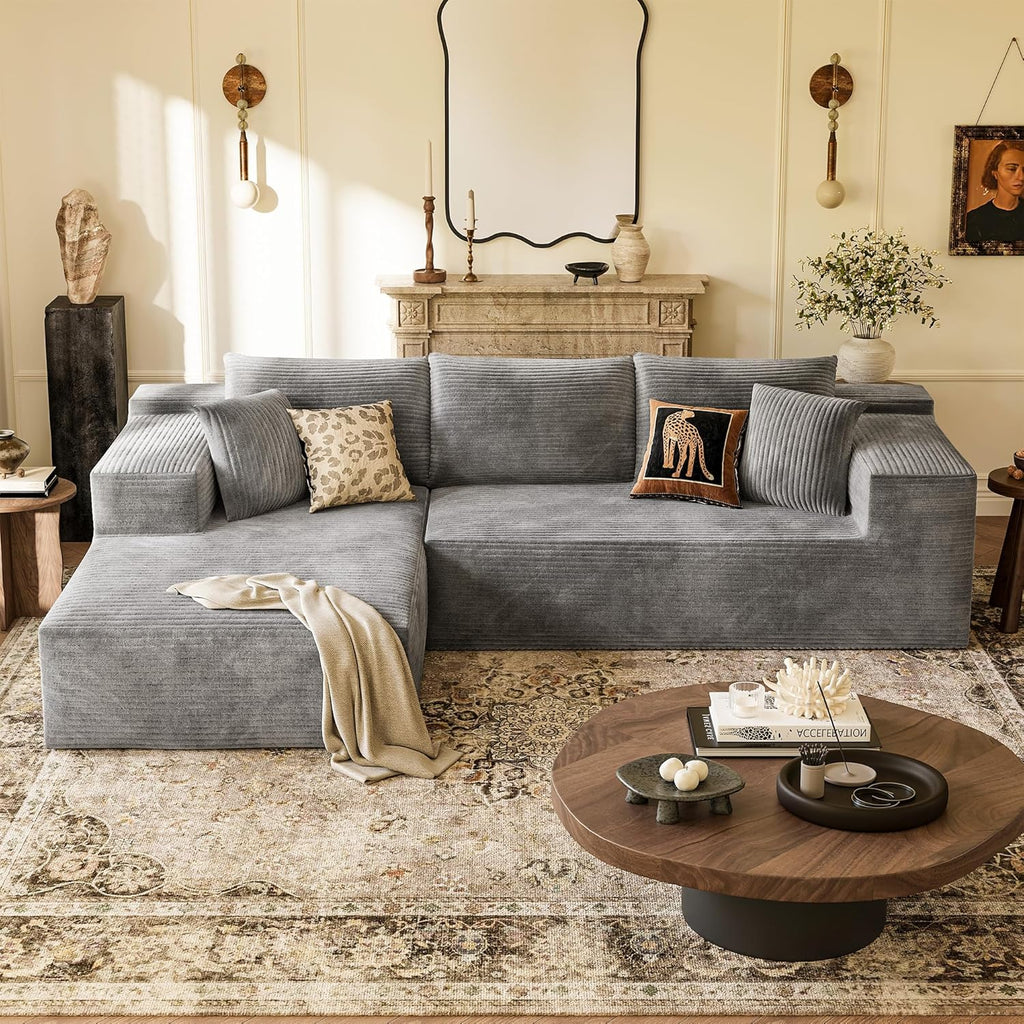 YESHOMY Boneless Couches for Living Room, 108" Sectional Modular Sectional Sofa with Deep Seat, Cloud Comfy Couch with L-Shape Chaise, Easy Assembly (Corduroy, Gray)