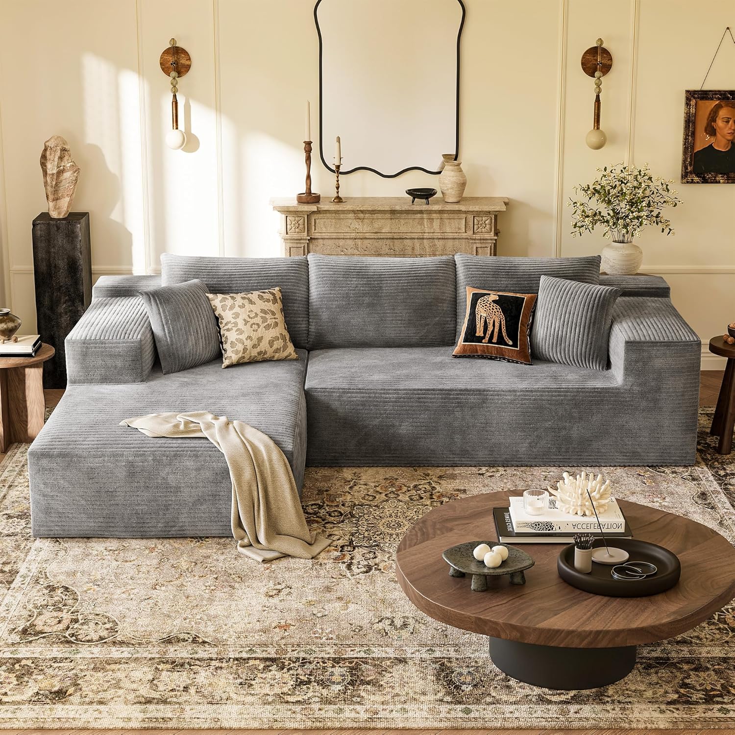 YESHOMY Boneless Couches for Living Room, 108" Sectional Modular Sectional Sofa with Deep Seat, Cloud Comfy Couch with L-Shape Chaise, Easy Assembly (Corduroy, Gray)