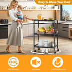 3-Tier Rolling Cart, Space-Saving Kitchen Cart with 150Lbs Capacity, Black Storage Cart with 2 Lockable Wheels for Kitchen Island, Restaurant, Garage, Backyard（No Wooden Boards, Lightweight Version）