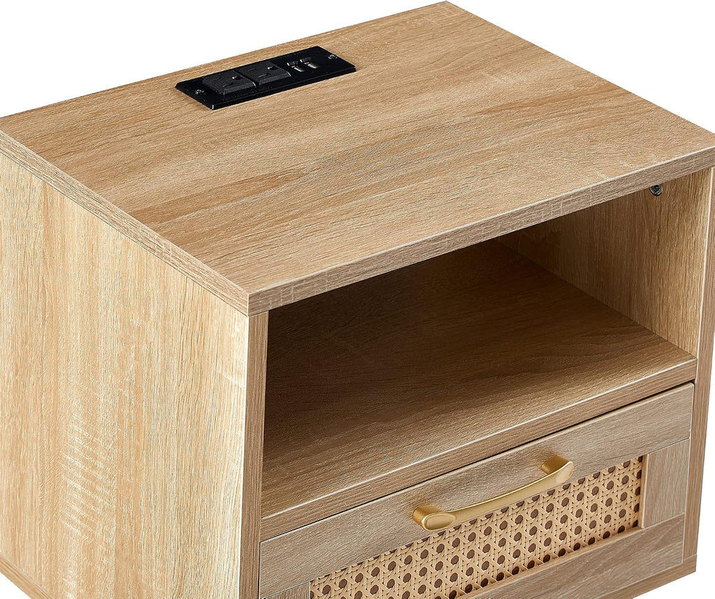 ZenithX 15.75" Rattan End Table with Power Outlet & USB Ports, Modern nightstand with Drawer and Solid Wood Legs, Side Table for Living Room, Bedroom,Natural