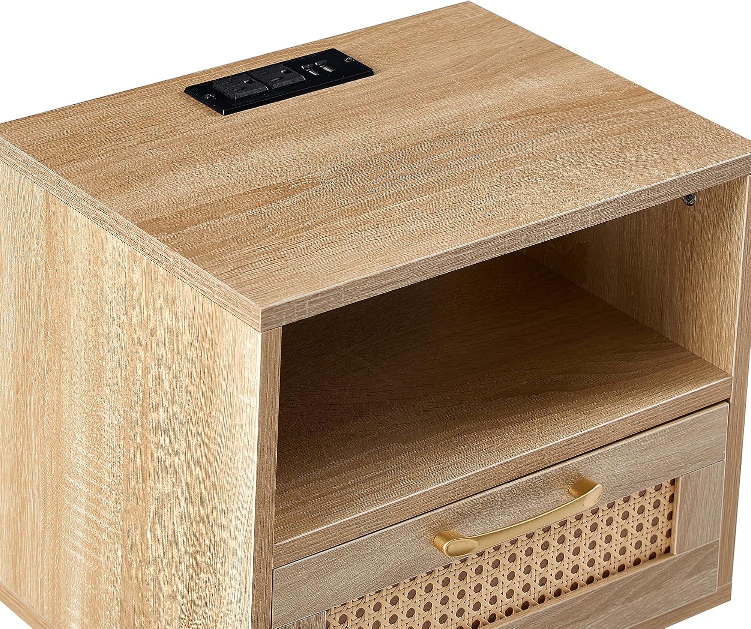 ZenithX 15.75" Rattan End Table with Power Outlet & USB Ports, Modern nightstand with Drawer and Solid Wood Legs, Side Table for Living Room, Bedroom,Natural