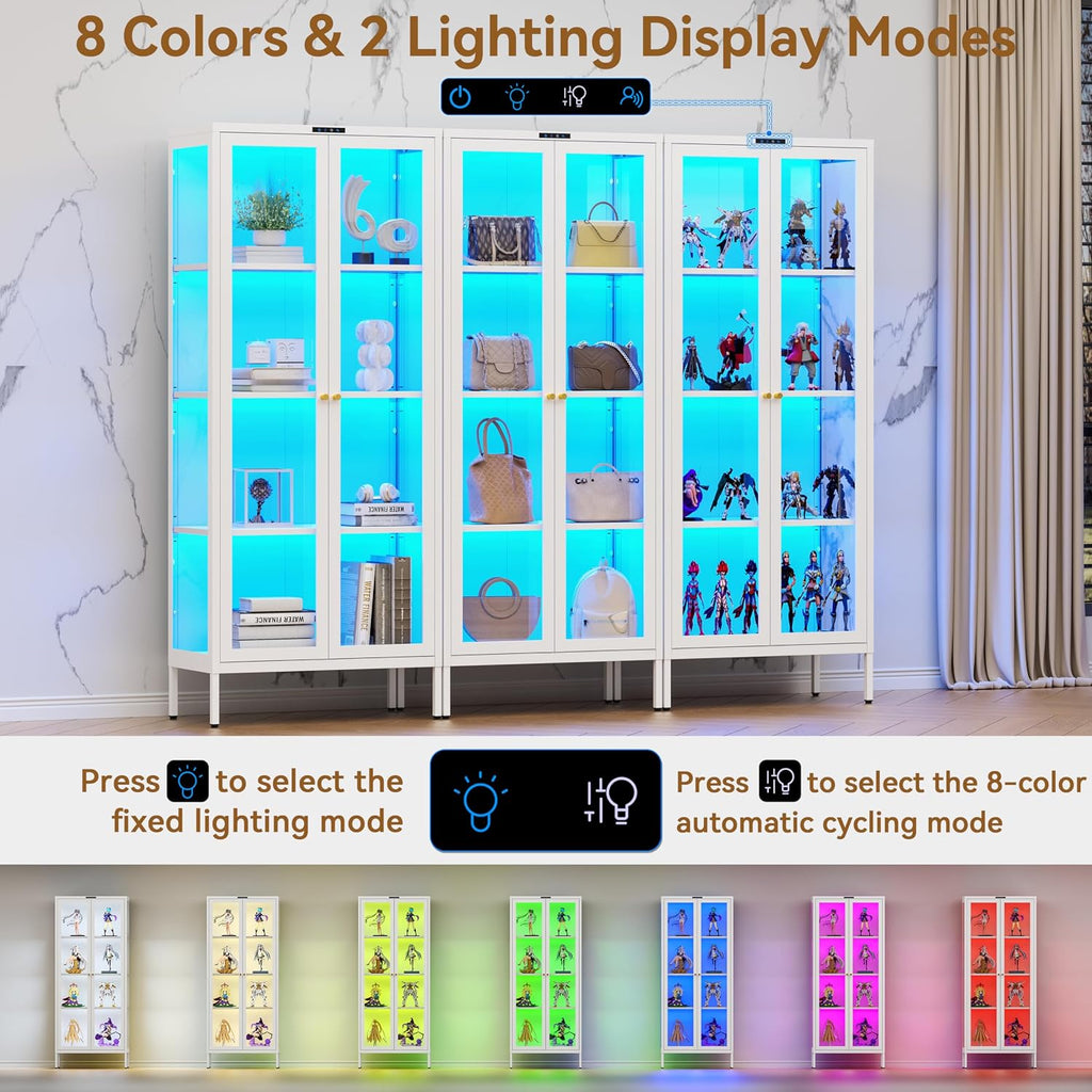 Polup Metal Glass Display Cabinet with Glass Doors, Lighted Curio Cabinet with 8-Color LED Lights, 66 Inch Tall Display Case for Collectibles, Plants, White Glass Cabinet for Living Room