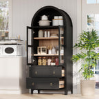 Arched Kitchen Pantry Cabinet, Modern Farmhouse Kitchen Tall Storage Cabinet with Drawers, Adjustable Shelves and Glass Door, Versatile Wooden Cupboard for Dining Room, 71"H x 30"W x 15.75"D, Black