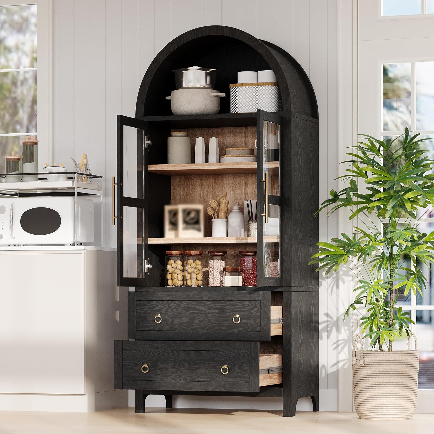 Arched Kitchen Pantry Cabinet, Modern Farmhouse Kitchen Tall Storage Cabinet with Drawers, Adjustable Shelves and Glass Door, Versatile Wooden Cupboard for Dining Room, 71"H x 30"W x 15.75"D, Black