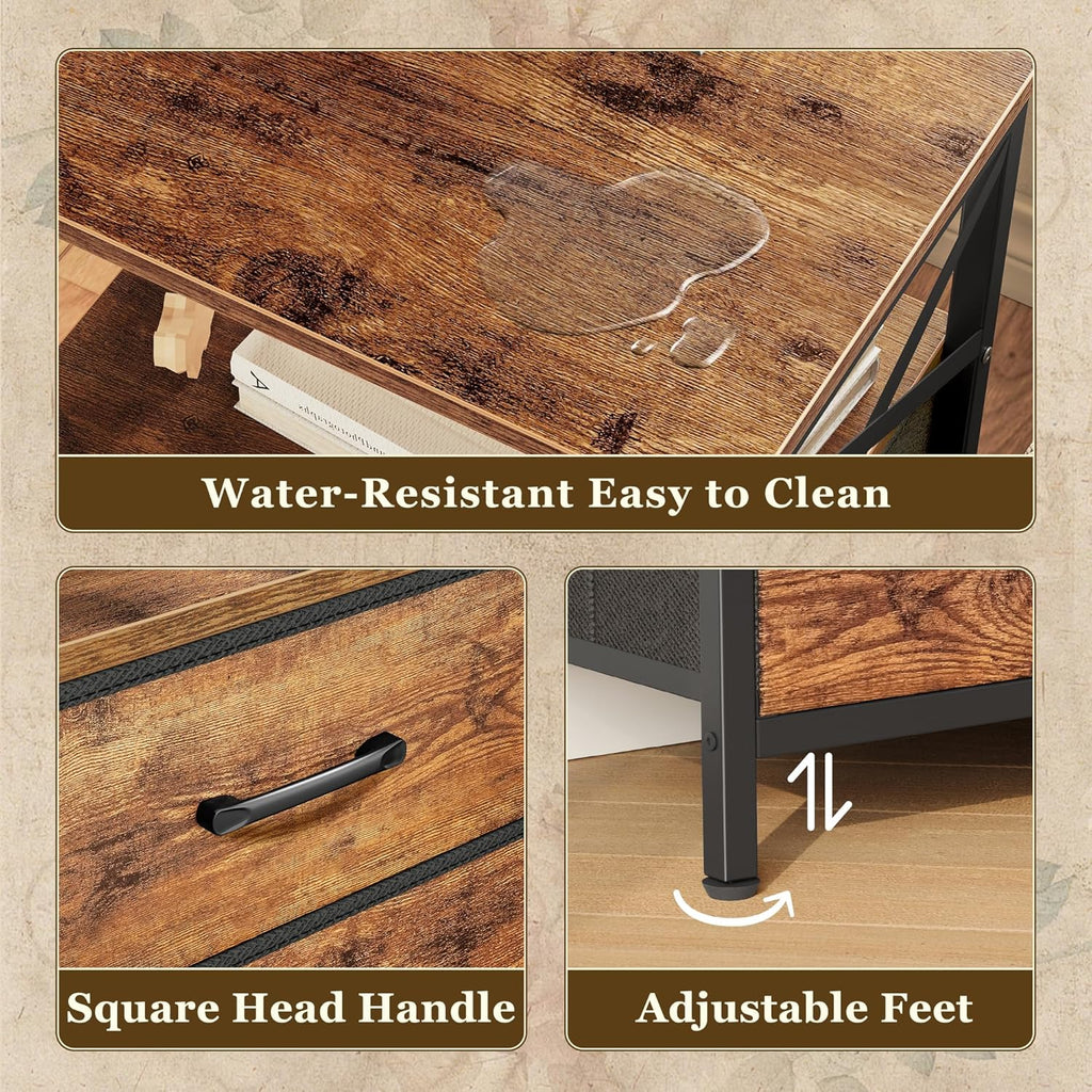 Huuger Nightstands Set of 2, Night Stand with Charger Station, 2 Drawer Side Table with Open Shelf, USB-C Port, End Table for Small Spaces, X Shaped Side Rail, Rustic Brown