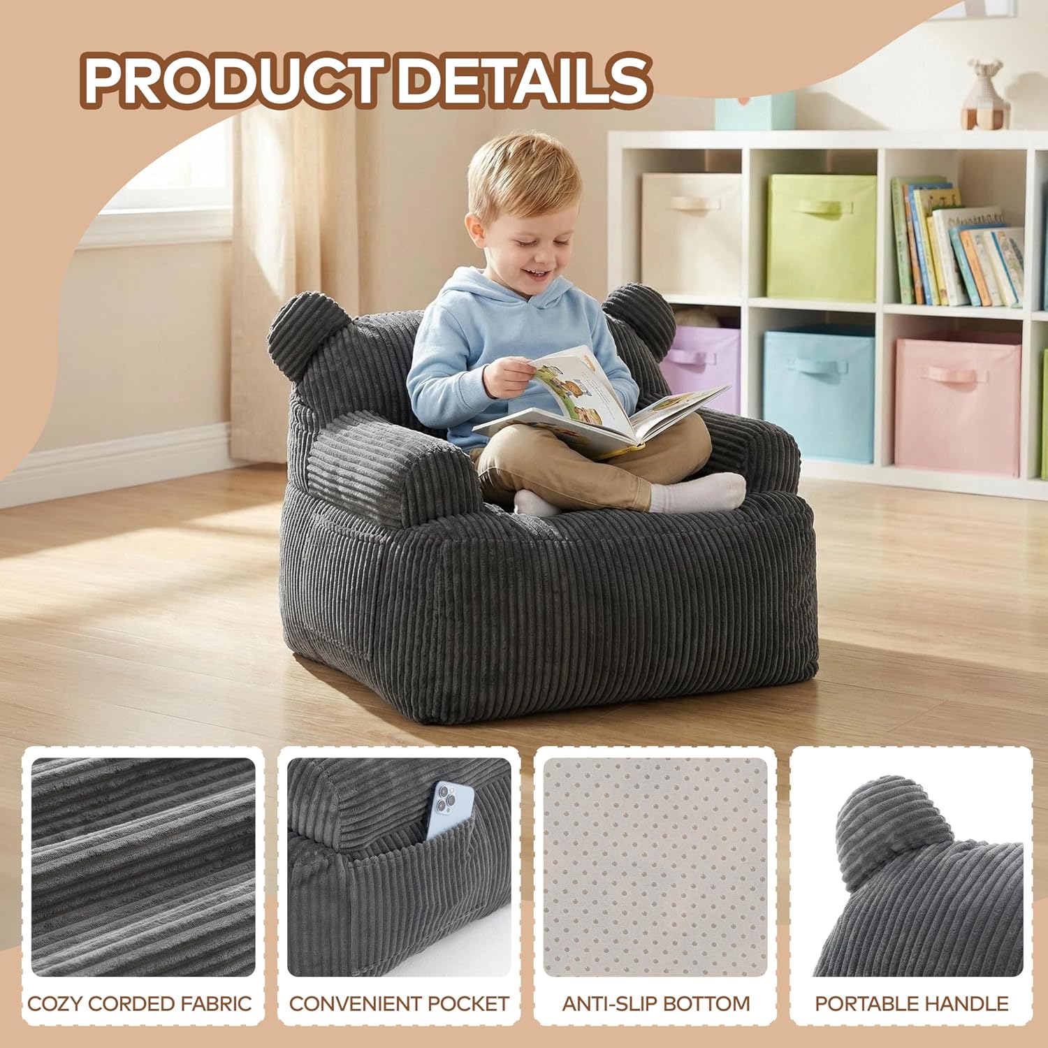 Kids Bear Ear Bean Bag Chair, Stuffed Toddler Sofa Chair with Pocket, Lazy Floor Chair for Boys and Girls, for Gaming, Reading, Nursery Playroom Bedroom