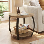 2-Tier Solid Wood Round End Table, American Rustic Circle Side Table Small Sofa Drum Table with Pine Wood Top & Curved Metal Legs for Living Room Bedroom, Natural Wood Color, 23.6" W x 21.7" H