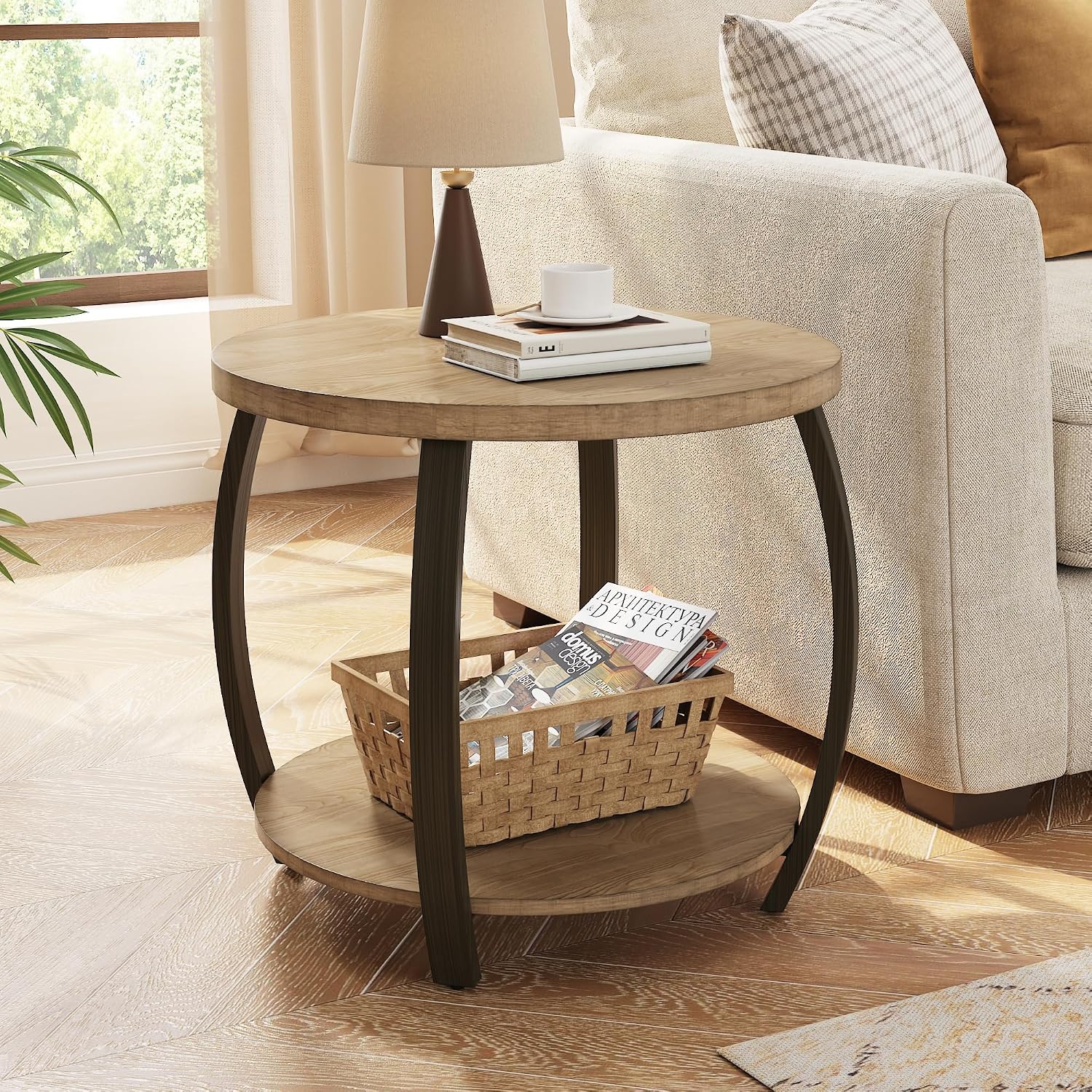 2-Tier Solid Wood Round End Table, American Rustic Circle Side Table Small Sofa Drum Table with Pine Wood Top & Curved Metal Legs for Living Room Bedroom, Natural Wood Color, 23.6" W x 21.7" H