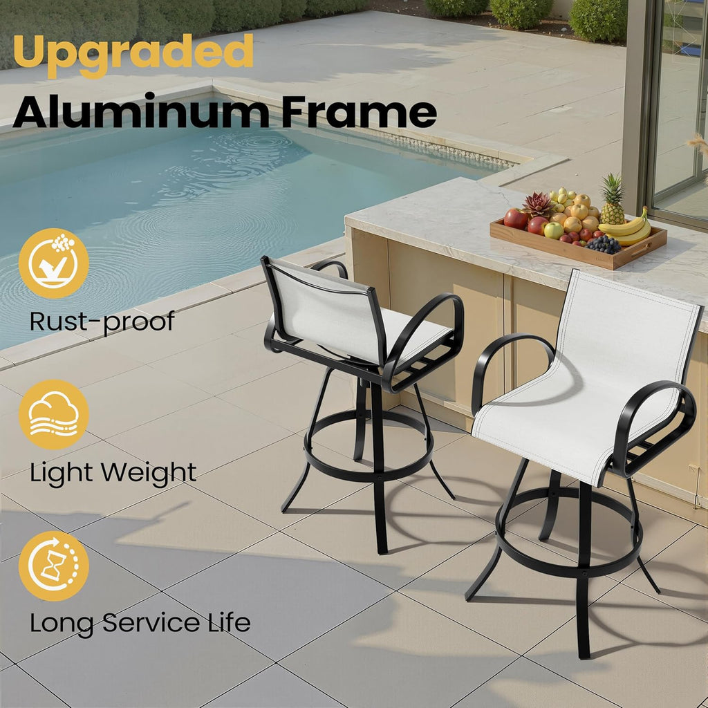 Pellebant 30" Aluminum Outdoor Bar Stools Set of 2, Sunbrella Swivel Patio Bar Height Bar Stools with Back & Footrest, Rust-Proof Patio Bar Stools for Deck Lawn Garden, White