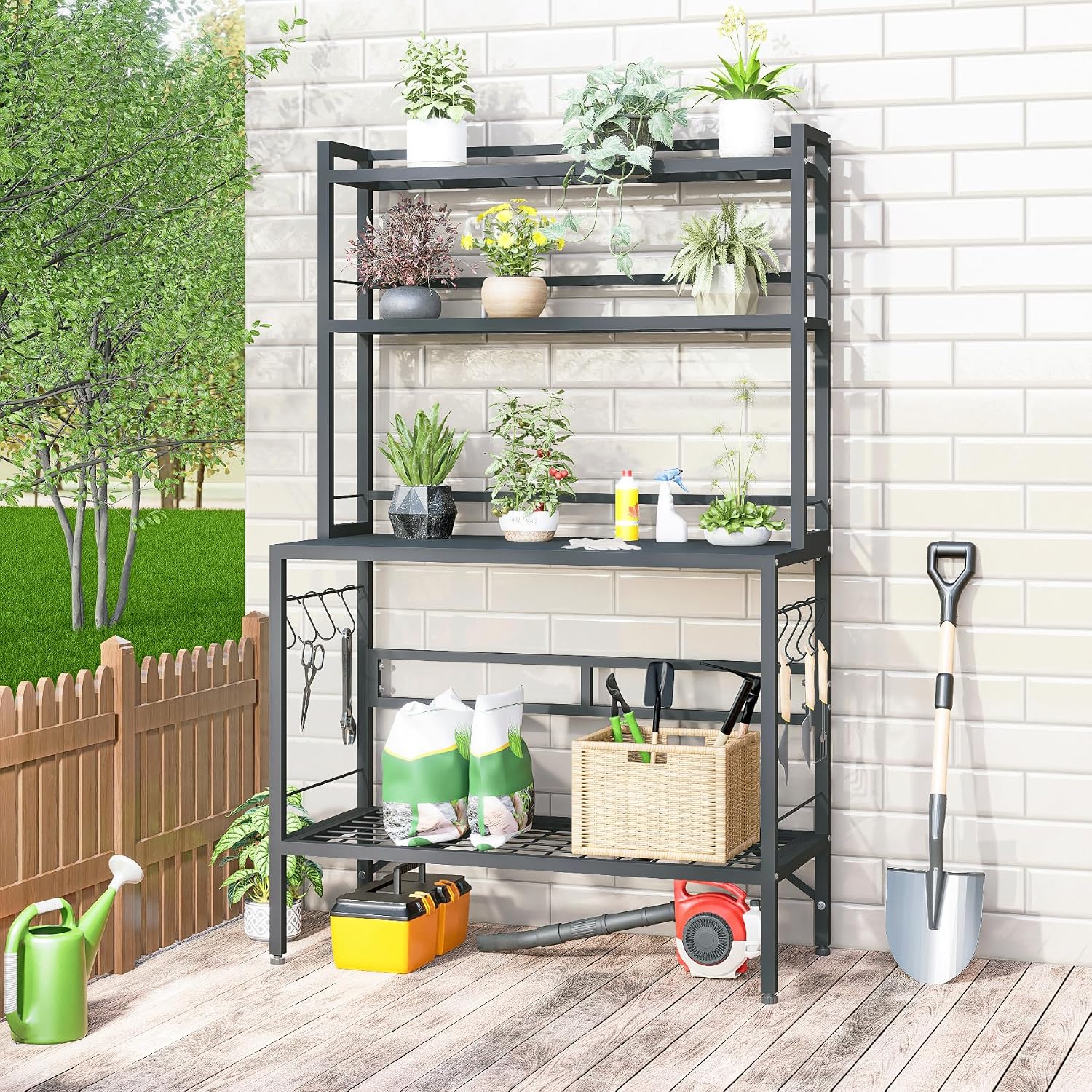 Outdoor Potting Bench Table with Storage, 63" Tall Metal Garden Workstation, 4-Tier Plant Stand Shelves with 8 Hooks, Heavy Duty All-Weather Potting Table for Patio, Backyard, Balcony, Gray