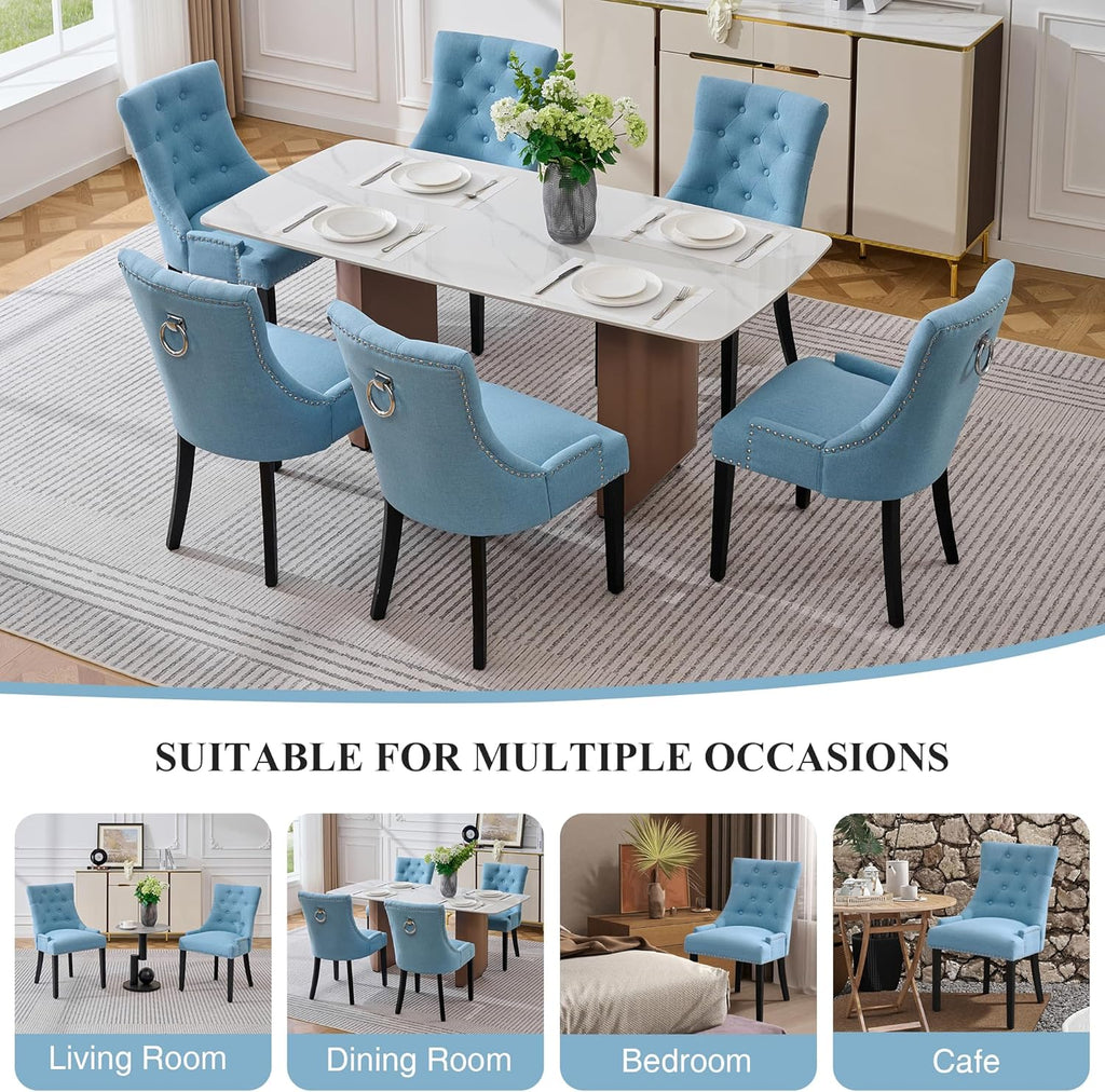 adochr Dining Chairs Set of 4, Upholstered Fabric Dining Room Chairs with Nailhead High Back & Ring Pull & Wooden Legs, Mid-Century Modern Kitchen Chairs for Restaurant, Living Room, Light Blue