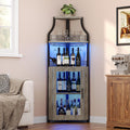 GarveeHome Corner Bar Wine Cabinet with LED Lights, 5-Tier Industrial Wine Cabinet with Glass Holder, Modern Liquor Cabinet with Adjustable Shelf, Home Bar Cabinet with Mesh Door, Grey