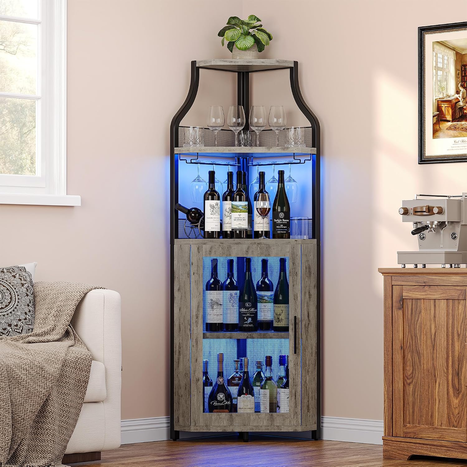 GarveeHome Corner Bar Wine Cabinet with LED Lights, 5-Tier Industrial Wine Cabinet with Glass Holder, Modern Liquor Cabinet with Adjustable Shelf, Home Bar Cabinet with Mesh Door, Grey