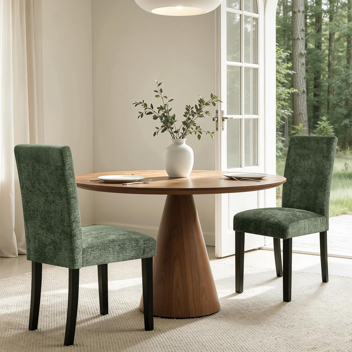 CHUN YI Upholstered Dining Chairs Set of 4, Fabric Dining Room Chairs with Solid Wood Legs, Modern Kitchen Chairs for Farmhouse Living Room Restaurant & Cafe, Green