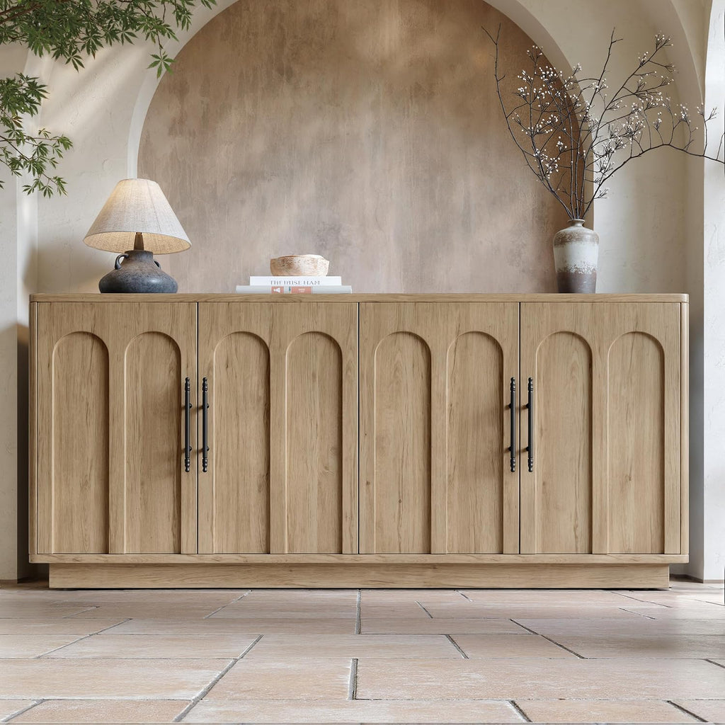 Evermagin 67" Arched Oak Sideboard Buffet Cabinet with Storage | Mid-century modern wood sideboard, large credenza with 4 doors for kitchen or living room, 67"W x 31.5"H x 15.7"D