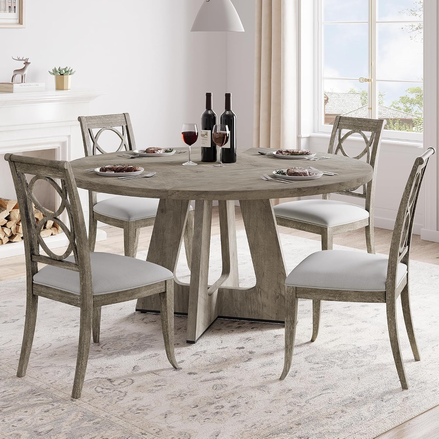 47" Round Farmhouse Dining Table, Seats 4–6, Wood Top & Legs, Sturdy Kitchen Table for Home, Dining Room, or Living Room – Grey (No Chairs)