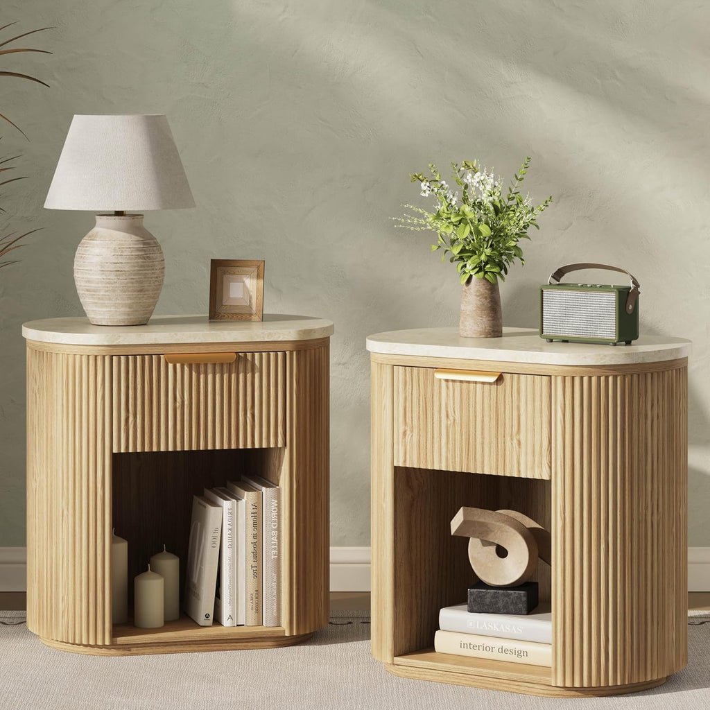 Fluted Marble Nightstand Set of 2 23.6"Large Round Bedside Table Oak,Boho