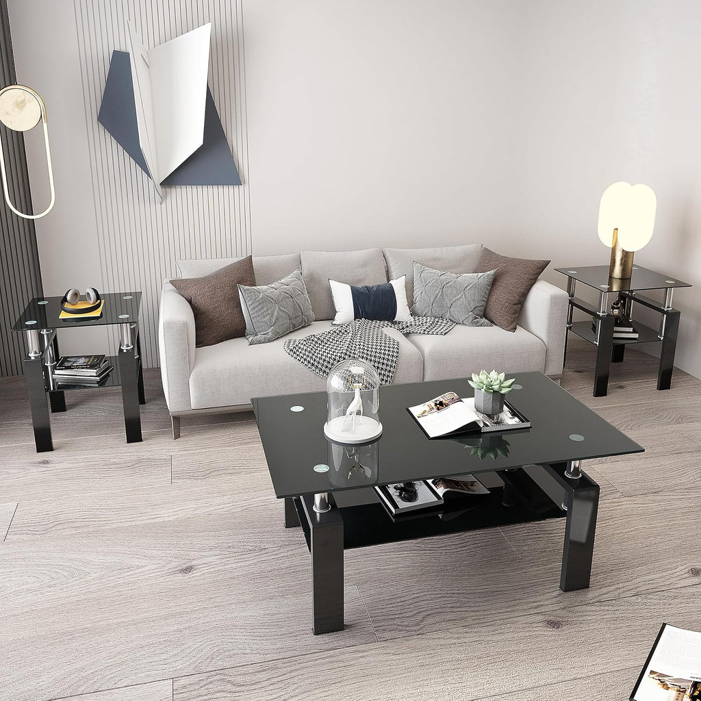 3 Piece Living Room Table Set, Glass Coffee Table and End Table Set of 3, Coffee Table Set with Tempered Glass & Metal Legs for Livingroom Table, Bedroom Nightstand. (Style 1, Black Glass+Black Leg)
