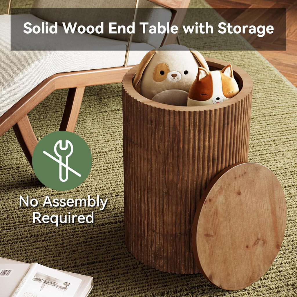 Solid Wood Round Side Table with Storage, No-Assembly Fluted End Table with 4 Wheels, Wooden Nightstand for Small Spaces, Living Room, Bedroom (Fully Assembled)