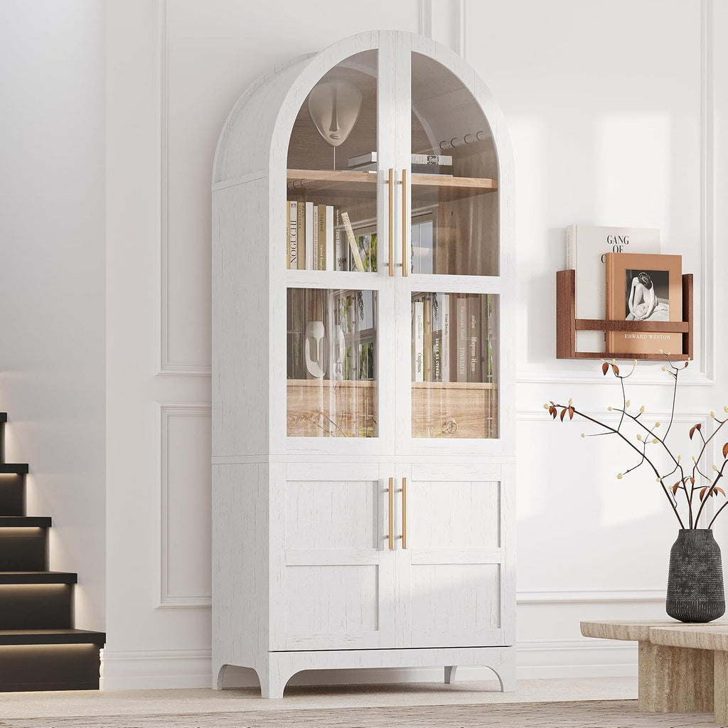 roomfitters 71" Pantry Cabinet with Arched Top & Glass Doors, 4-Door Storage Hutch with Adjustable Shelves for Kitchen, White