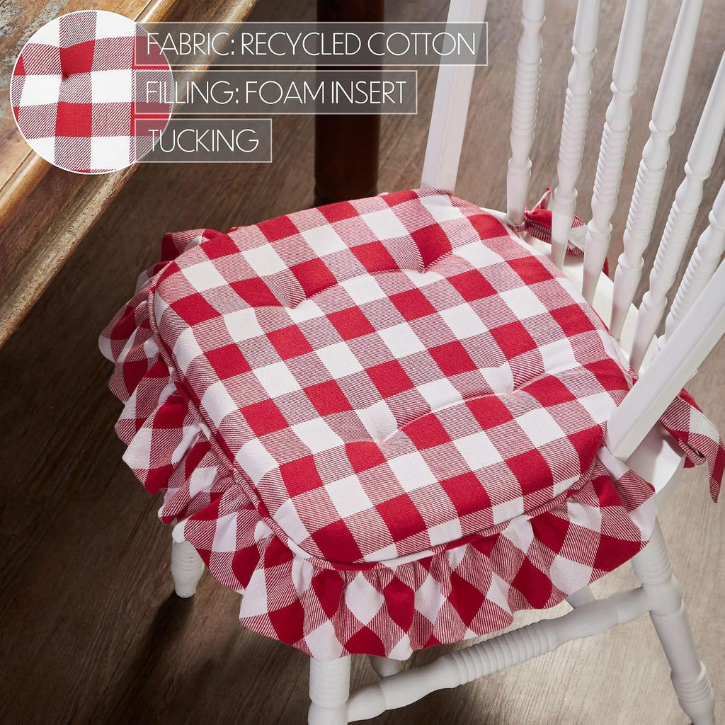 VHC Brands Chair Pad 16.5x18, Cotton Dining Room, Kitchen Chair Pads, Seat Cushion with Ties, Tucked, Annie Buffalo Check Collection, Rectangle 16.5x18, Country Red, Set of 4