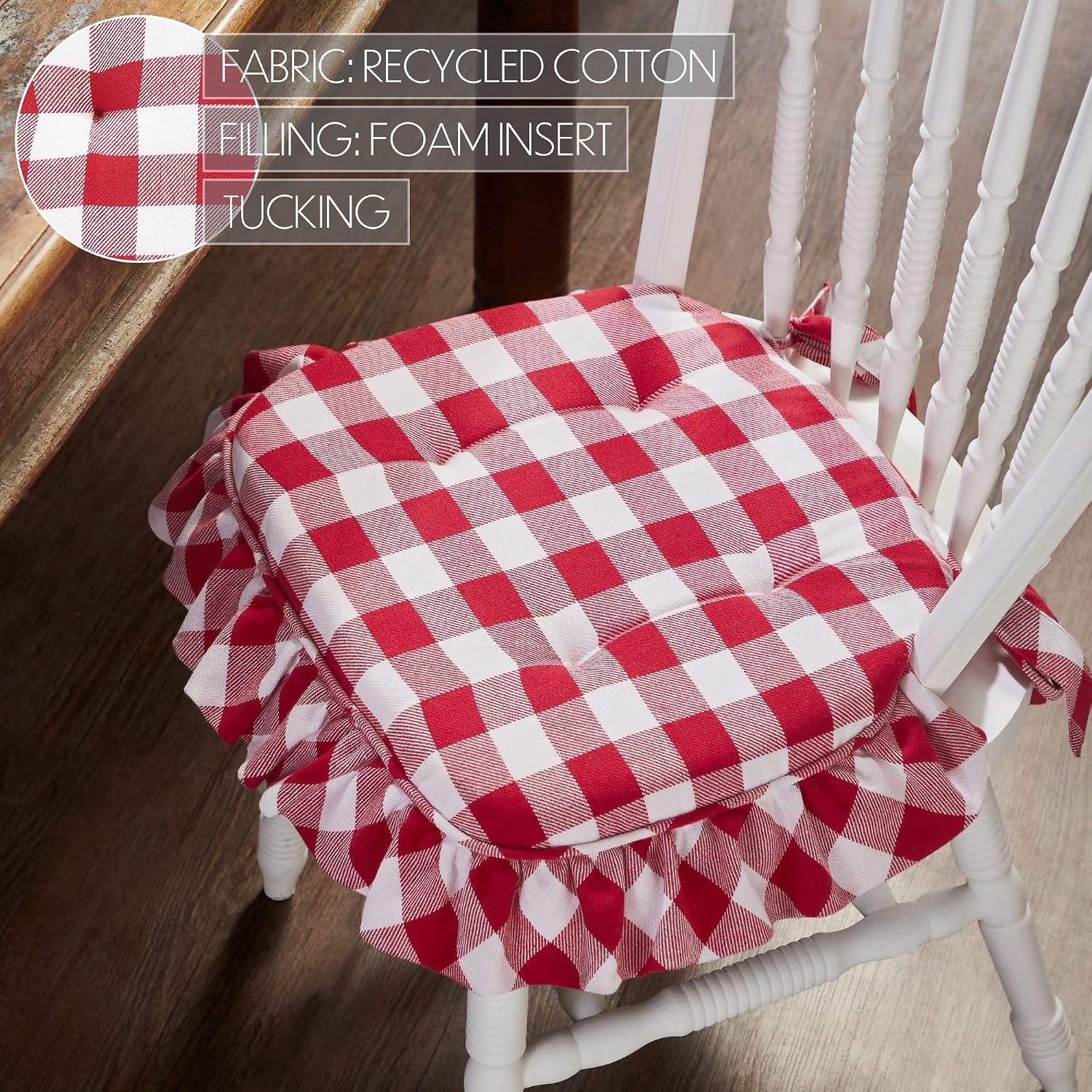 VHC Brands Chair Pad 16.5x18, Cotton Dining Room, Kitchen Chair Pads, Seat Cushion with Ties, Tucked, Annie Buffalo Check Collection, Rectangle 16.5x18, Country Red, Set of 4