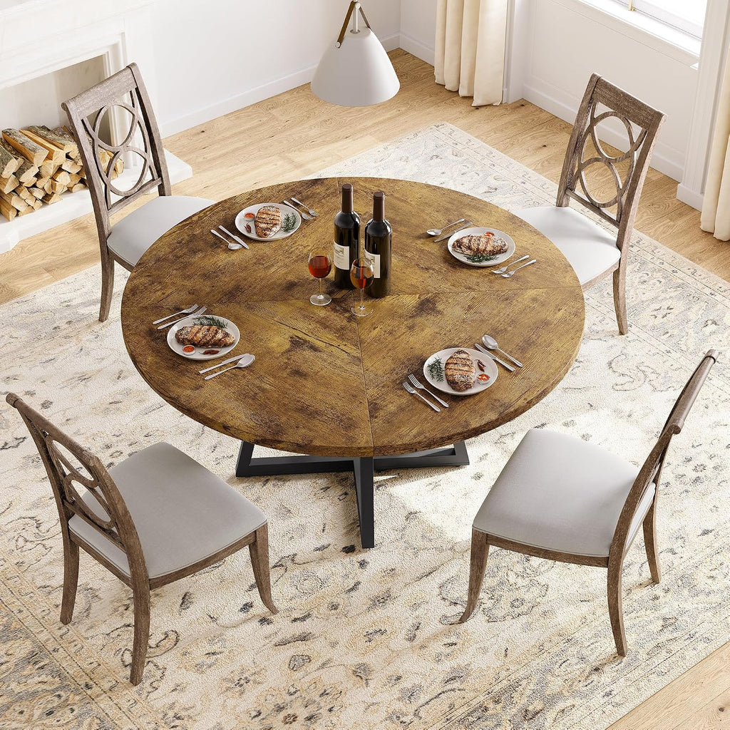 Industrial Round Dining Table, 47 Inch Round Kitchen Table for 4, Rustic Brown Dinner Table with Wooden Top and Metal Base for Dining Room, Living Room - (No Chairs)