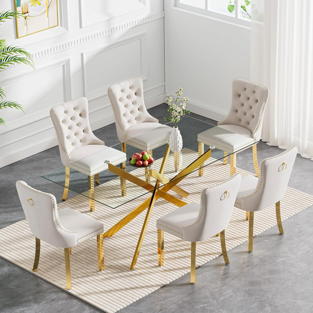 SSLine Modern 7-Piece Glass Dining Table Set for 6 Luxury Rectangle Glass Kitchen Table and Chair Set for 6, 61" Long Dining Room Tables with 6 Beige Tufted Chairs for Kitchen Home Office