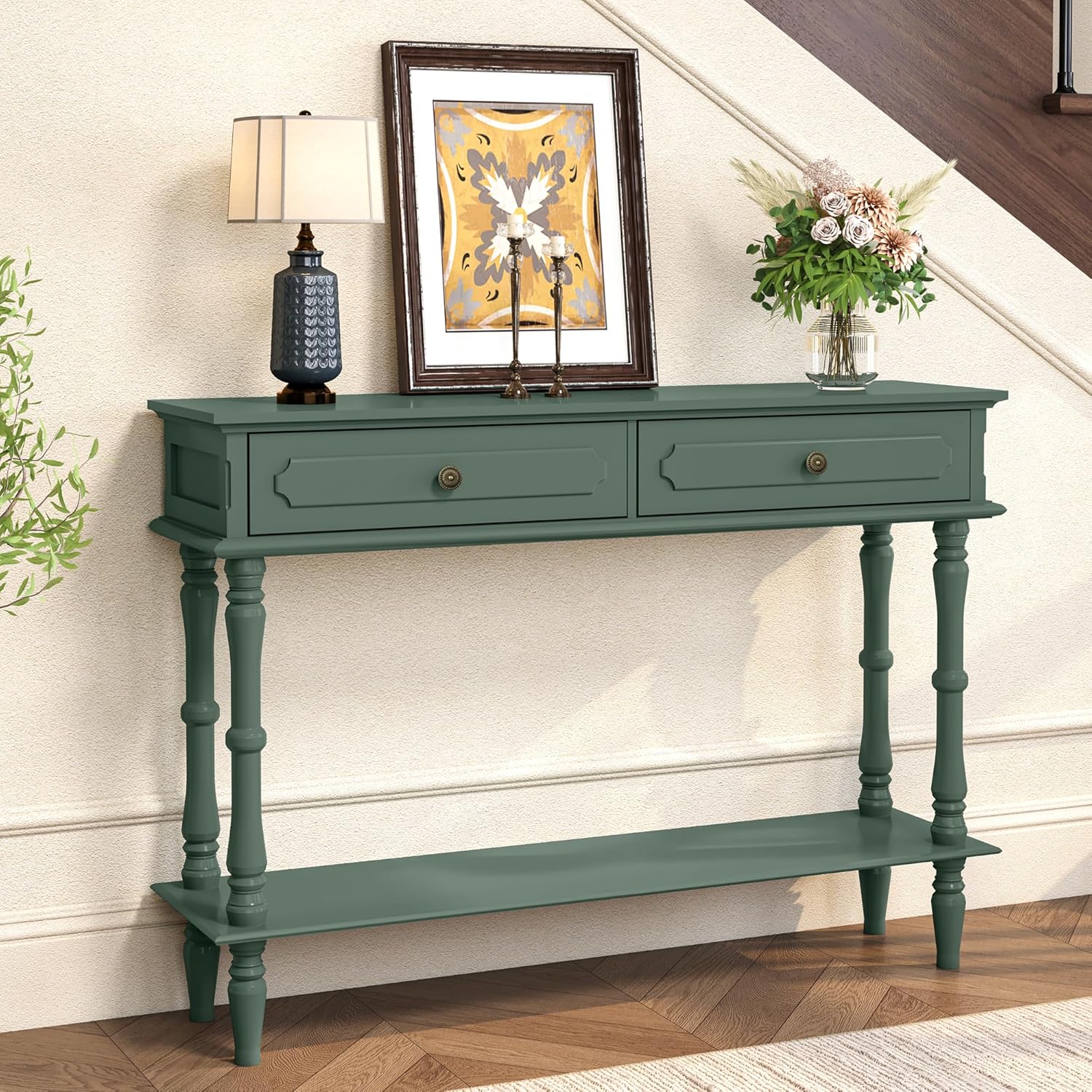 Console Table with 2 Drawers & Open Shelf, Green Retro Entryway Table with Storage Cabinets, Narrow Long Couch Table Behind Sofa for Living Room, Foyer, Hallway