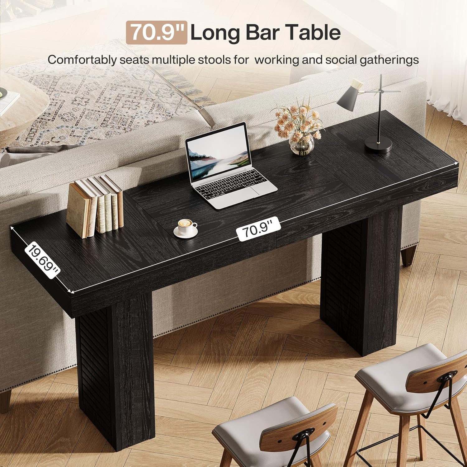 Tribesigns 70.9" Extra Long Bar Table, Rectangular Counter Height Pub Table, Modern Farmhouse Bar Height Table Home Bar Units for Kitchen Island, Bistro, Black