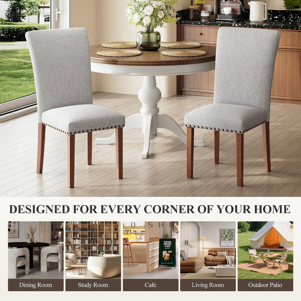 COLAMY Parsons Dining Chairs Set of 6, Upholstered Fabric Dining Room Kitchen Chair with Nailhead Trim and Wood Legs - Light Grey