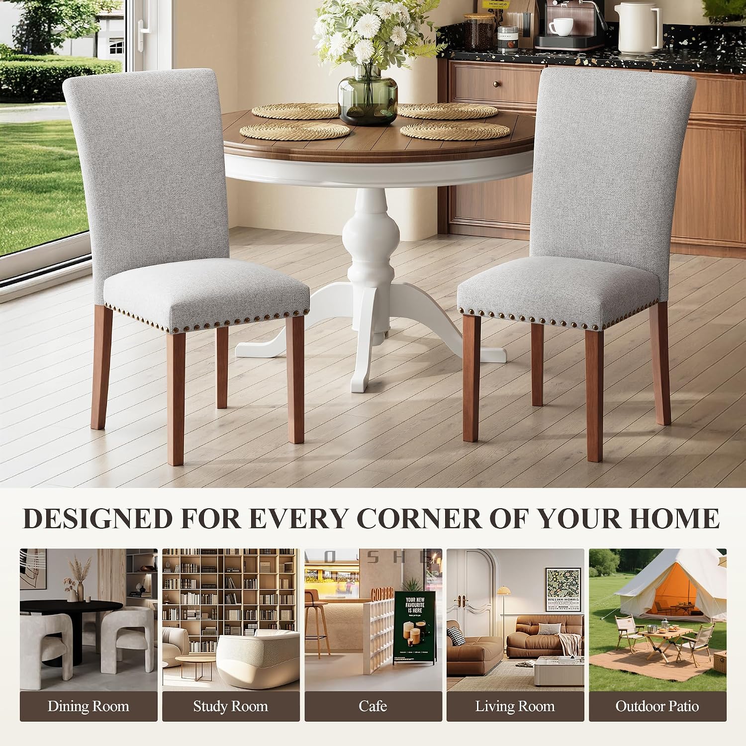 COLAMY Parsons Dining Chairs Set of 6, Upholstered Fabric Dining Room Kitchen Chair with Nailhead Trim and Wood Legs - Light Grey