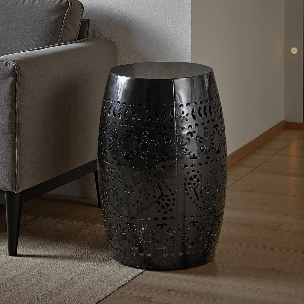 Benjara Sola Side Table- Solar Powered Light- 18" Barrel Shaped Black Iron