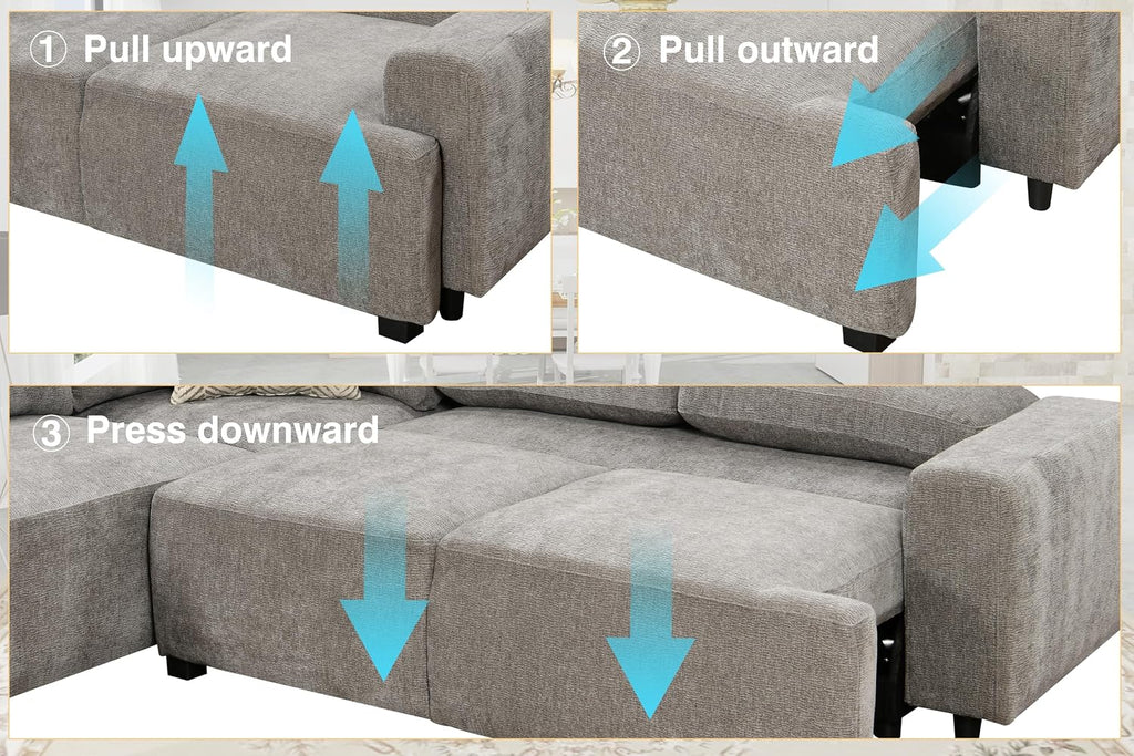 THSUPER 104'' L Shaped Sectional Sleeper Couch with Storage Chaise, Chenille Sectional Sofa with Pull Out Bed and Storage Loveseat, 4 Seater Comfy Couches for Living Room (Light Grey)