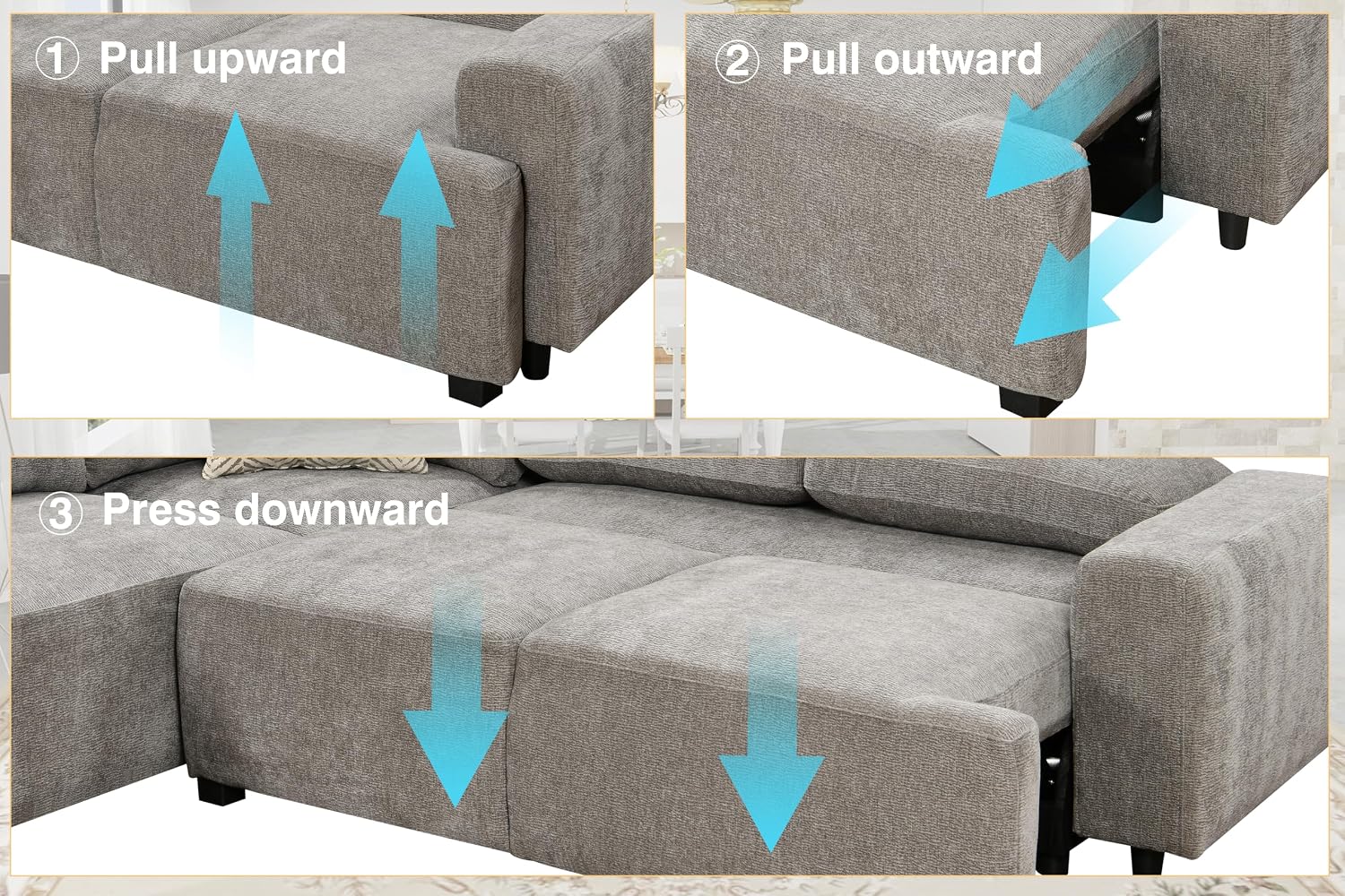 THSUPER 104'' L Shaped Sectional Sleeper Couch with Storage Chaise, Chenille Sectional Sofa with Pull Out Bed and Storage Loveseat, 4 Seater Comfy Couches for Living Room (Light Grey)