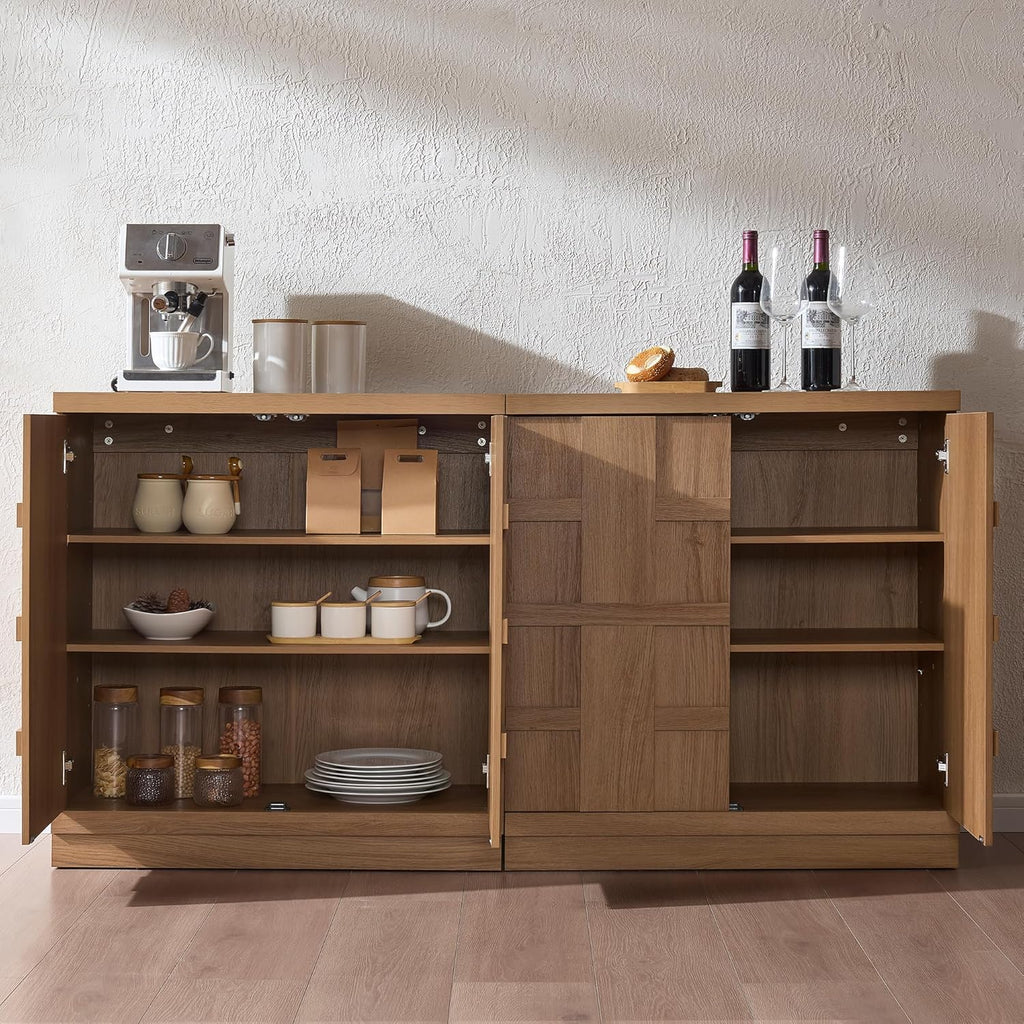 VividVibe Buffet Cabinet Sideboard with Storage, 93.9”Large 3D Woven Texture Credenza with 6 Pop-up Doors, Long Coffee Bar Cabinet Mid Century Modern for Entryway Living Room Brown Oak