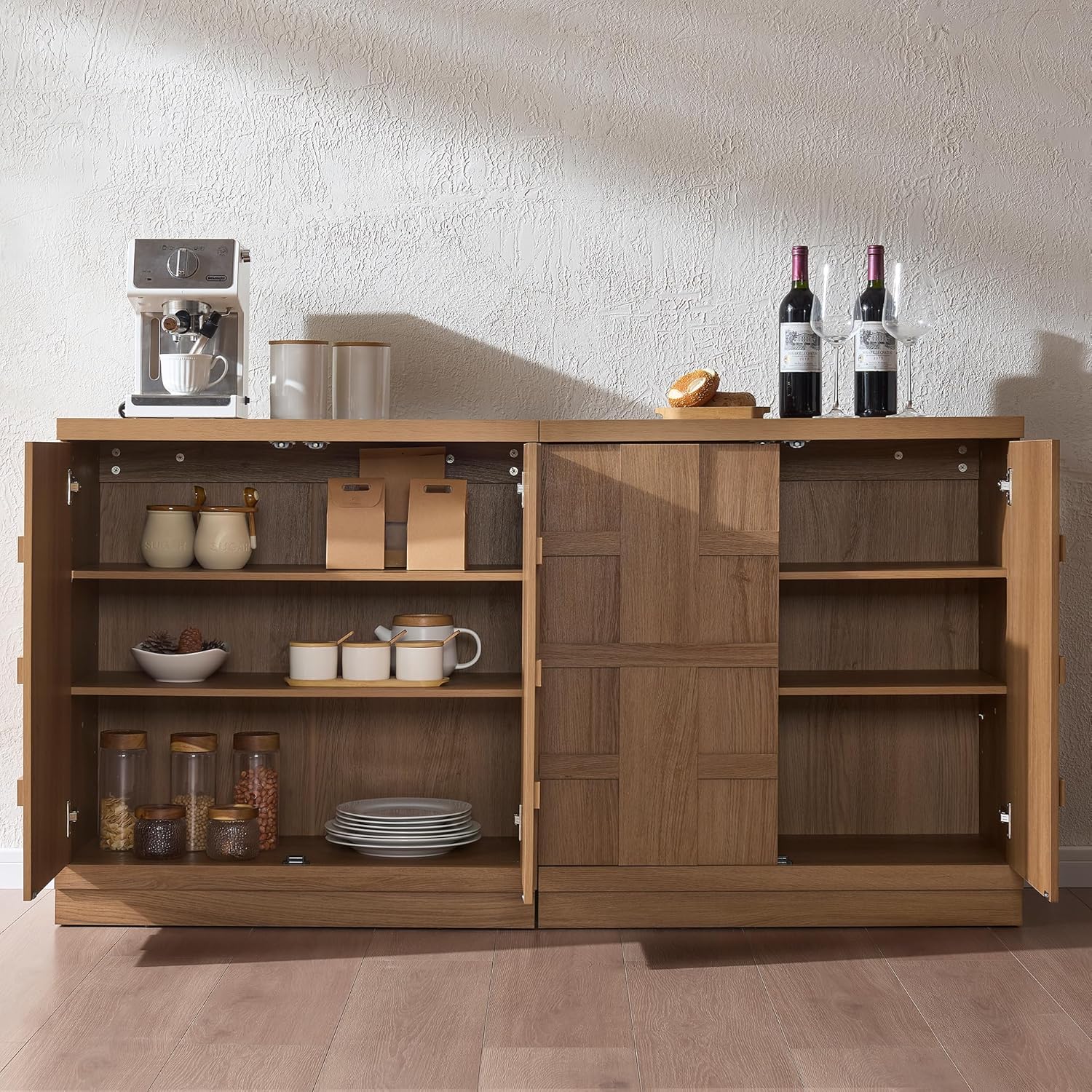 VividVibe Buffet Cabinet Sideboard with Storage, 93.9”Large 3D Woven Texture Credenza with 6 Pop-up Doors, Long Coffee Bar Cabinet Mid Century Modern for Entryway Living Room Brown Oak