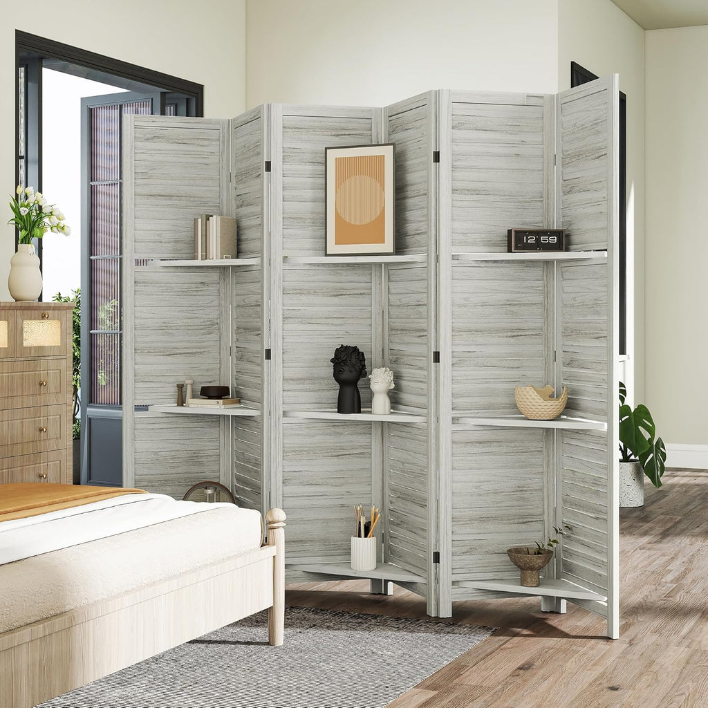 HOMCOM Room Divider, 6 Panel 67" Tall Wood Privacy Screen with 3 Display Shelves, and Folding Storage for Bedroom or Home Office, Distressed White