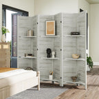 HOMCOM Room Divider, 6 Panel 67" Tall Wood Privacy Screen with 3 Display Shelves, and Folding Storage for Bedroom or Home Office, Distressed White