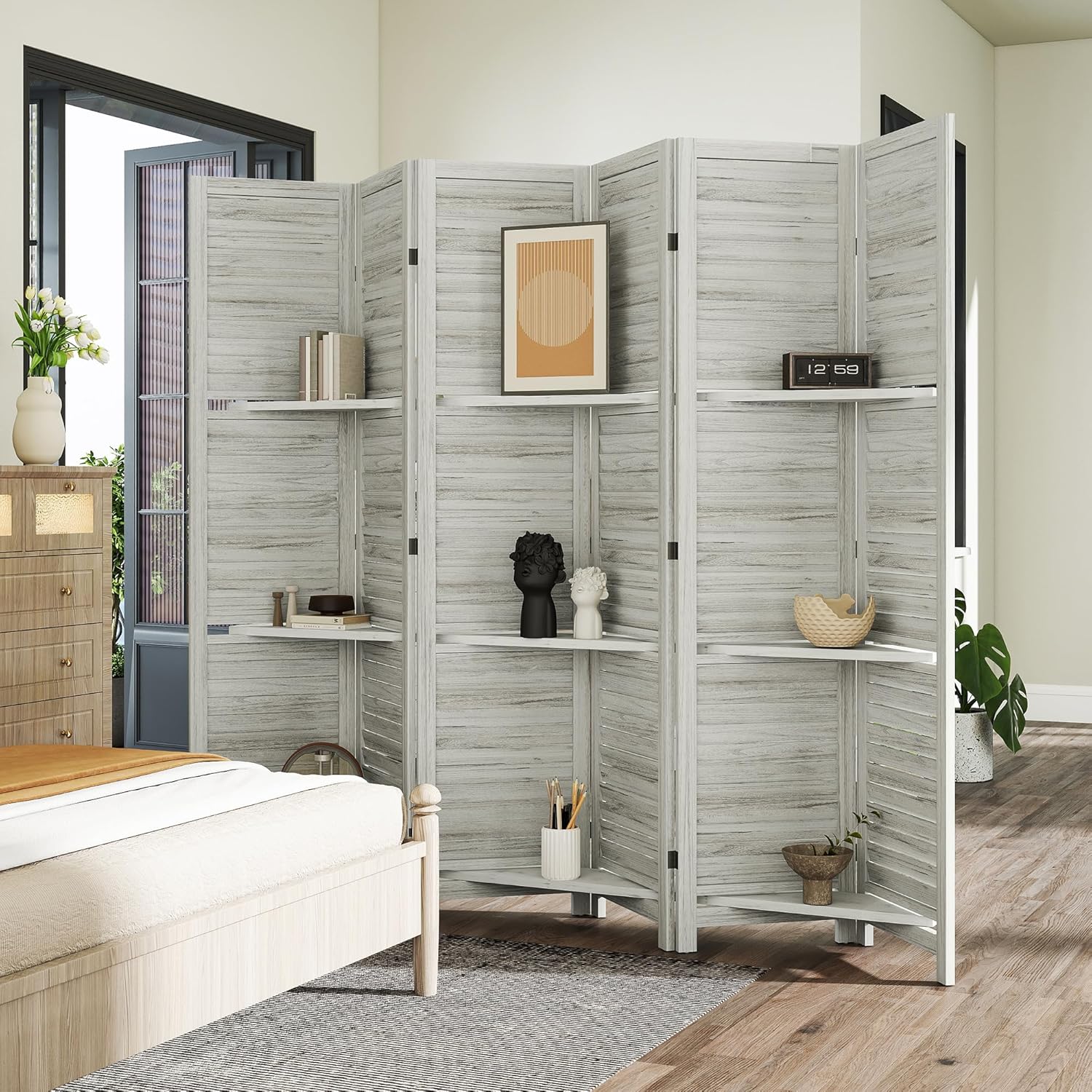 HOMCOM Room Divider, 6 Panel 67" Tall Wood Privacy Screen with 3 Display Shelves, and Folding Storage for Bedroom or Home Office, Distressed White