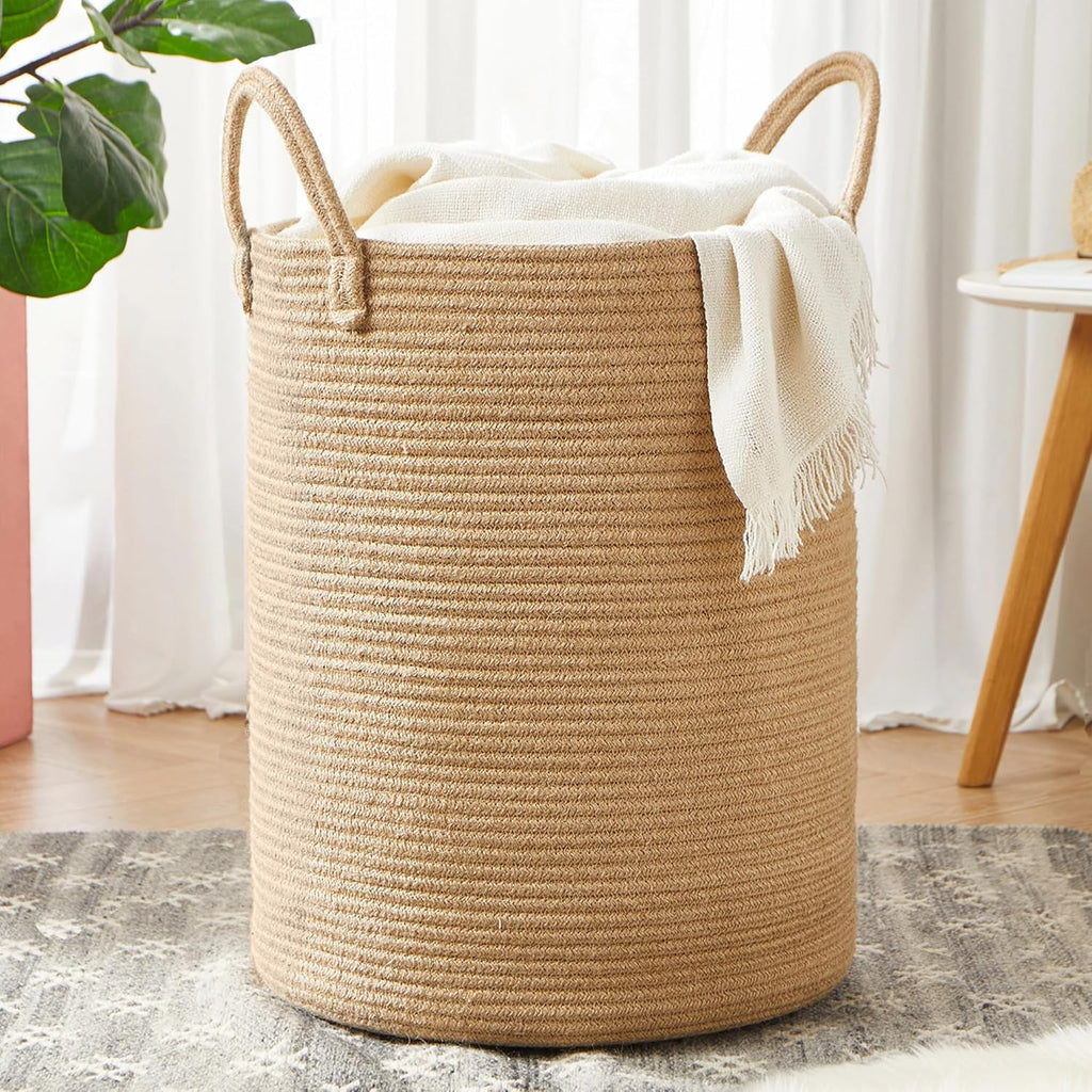 60L Jute Woven Laundry Hamper Basket Wicker Rope Clothes Hamper Tall Rattan Blanket Basket in Living Room Bedroom 15Dx20H Inches Large