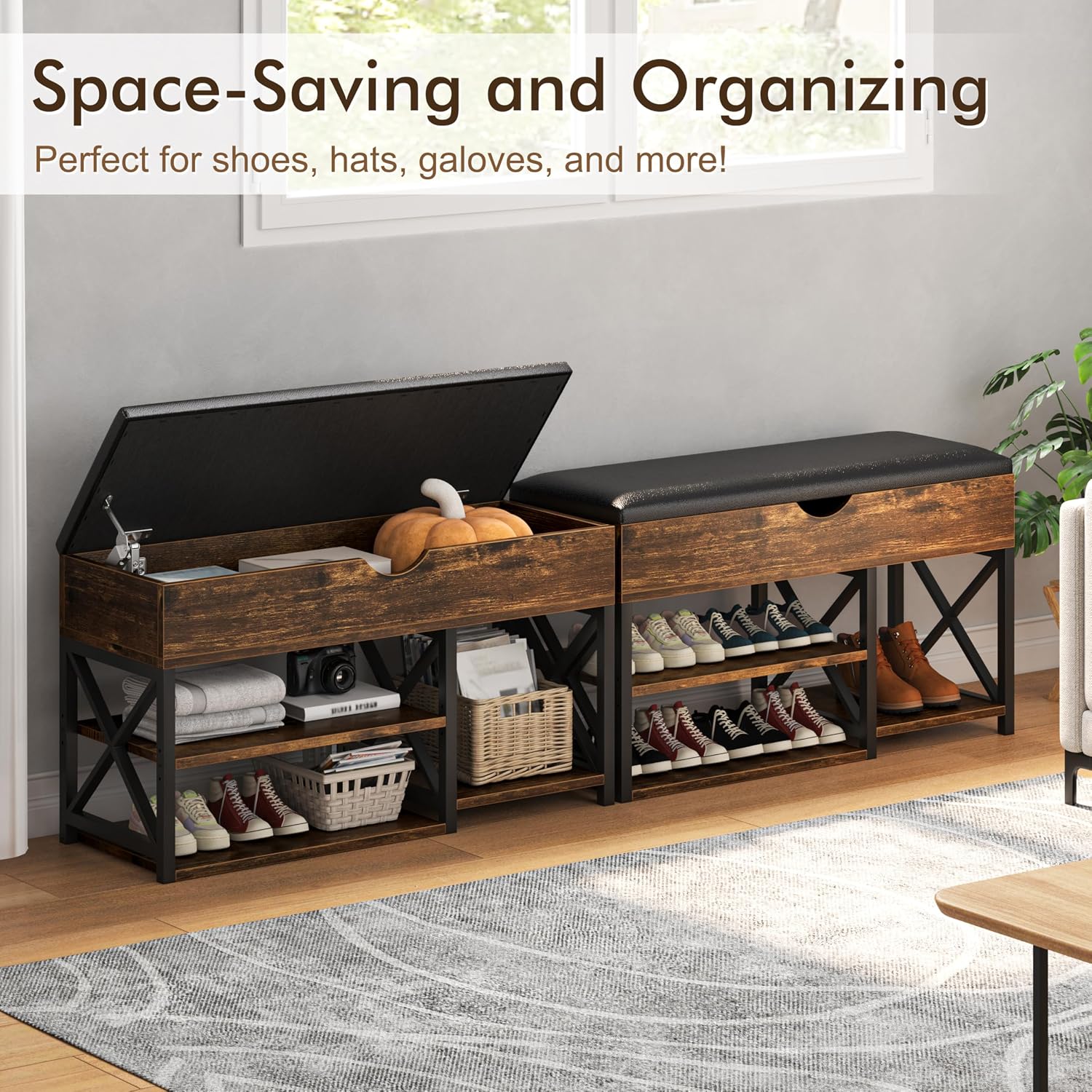 Shoe Rack Bench with Lift Top Hidden Storage, Mid-Century Modern Entryway Bench with Shoe Storage Leather Cushion, Adjustable Shelf, Wood Shoe Organizer for Bedroom, Living Room, Closet, Brown