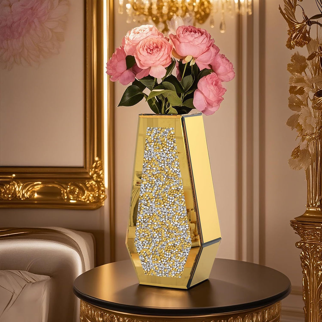 Luxury Crystal Glass Flower Vase Crushed Diamond Vase, Gold Mirror Finish, 14 inches Tall, Decorative Rhinestone Centerpiece for Home
