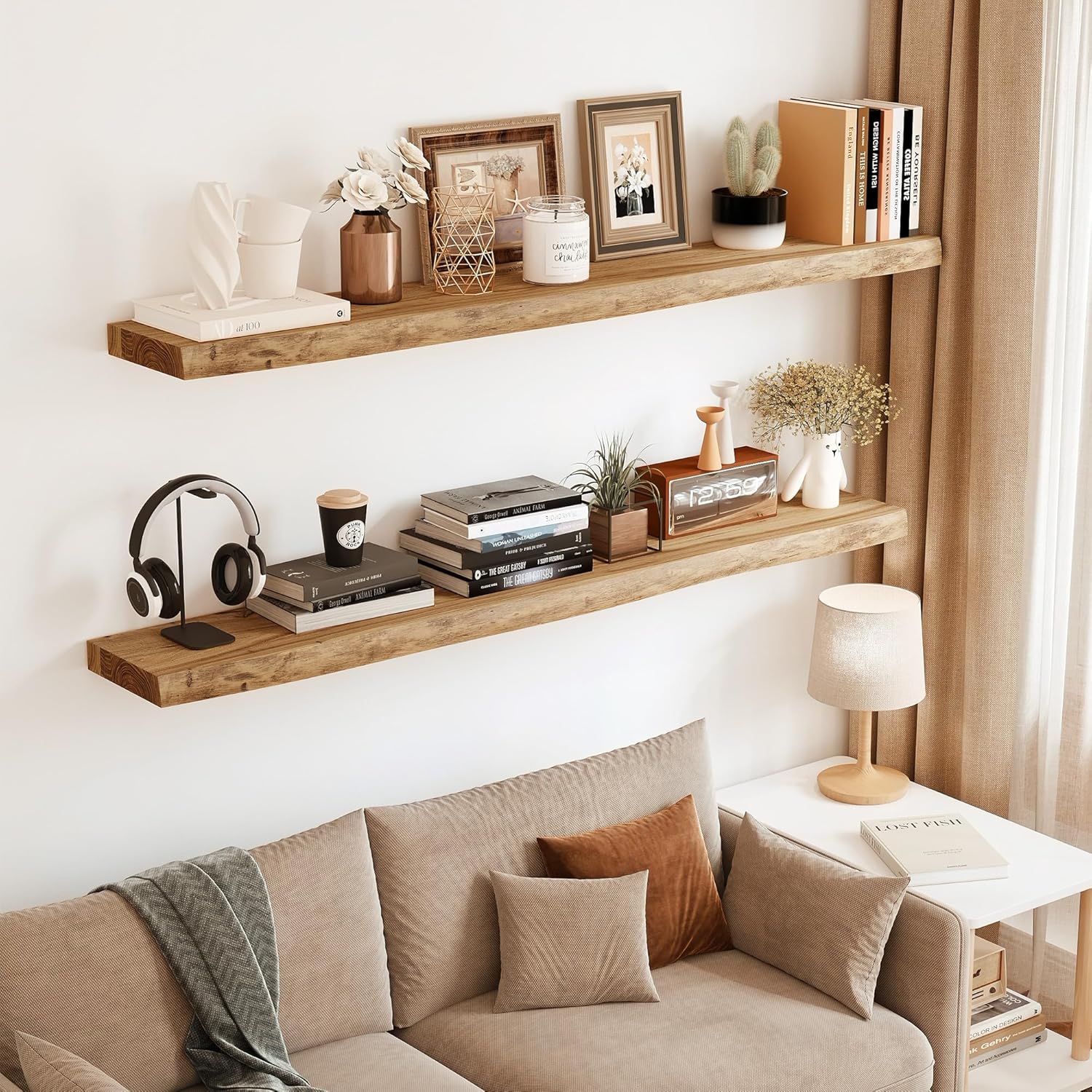 Vivelove Live Edge Floating Shelves Solid Wood, Elm Shelves for Wall with Invisible Bracket for Living Room Bedroom Bathroom Office Book, Rustic Farmhouse Wooden Shelf, 32 Inch Set of 2- Natural