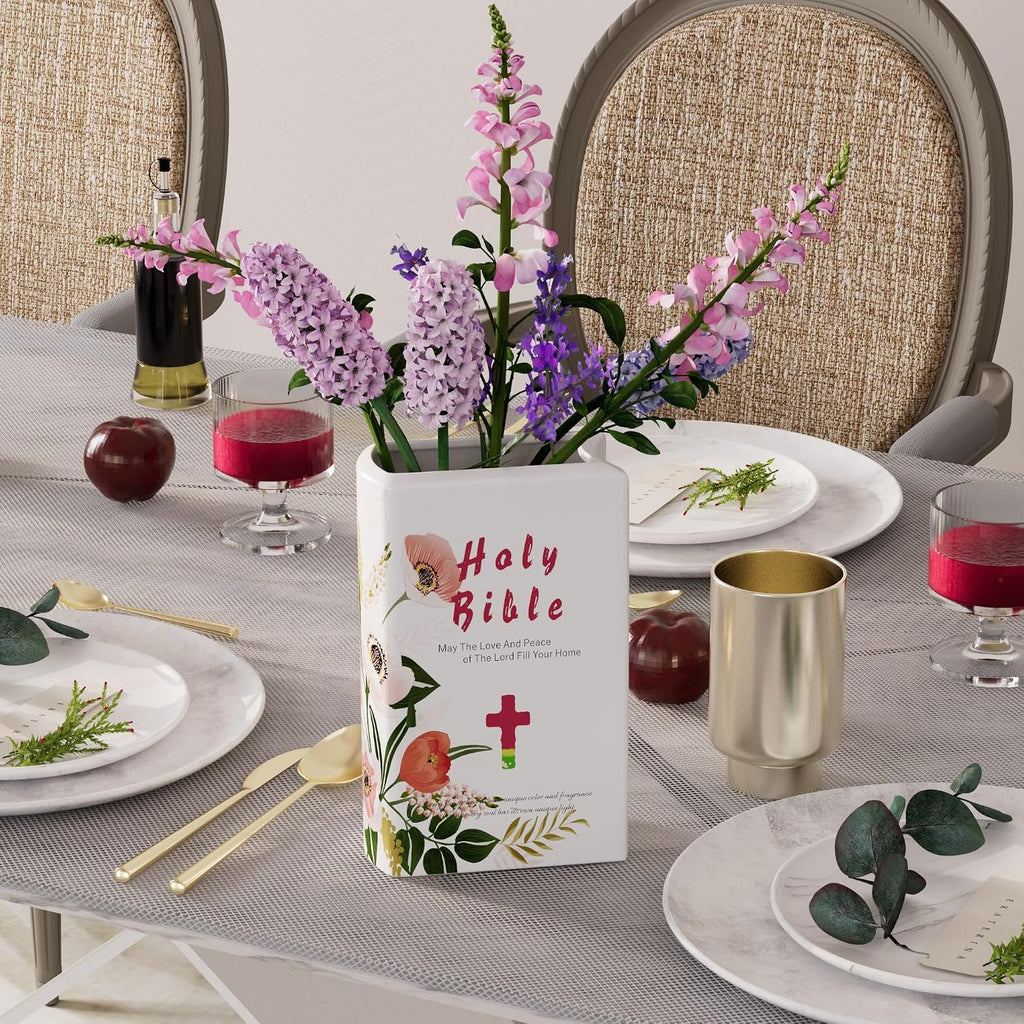 Holy Bible Book Vase, Cute Unique Ceramic Flower Vase - Pink Home Office Desk Accessories Decor, Prayer Room Bookshelf Decorations - Book Lovers Gifts, Religious or Christian Gifts for Women Mom