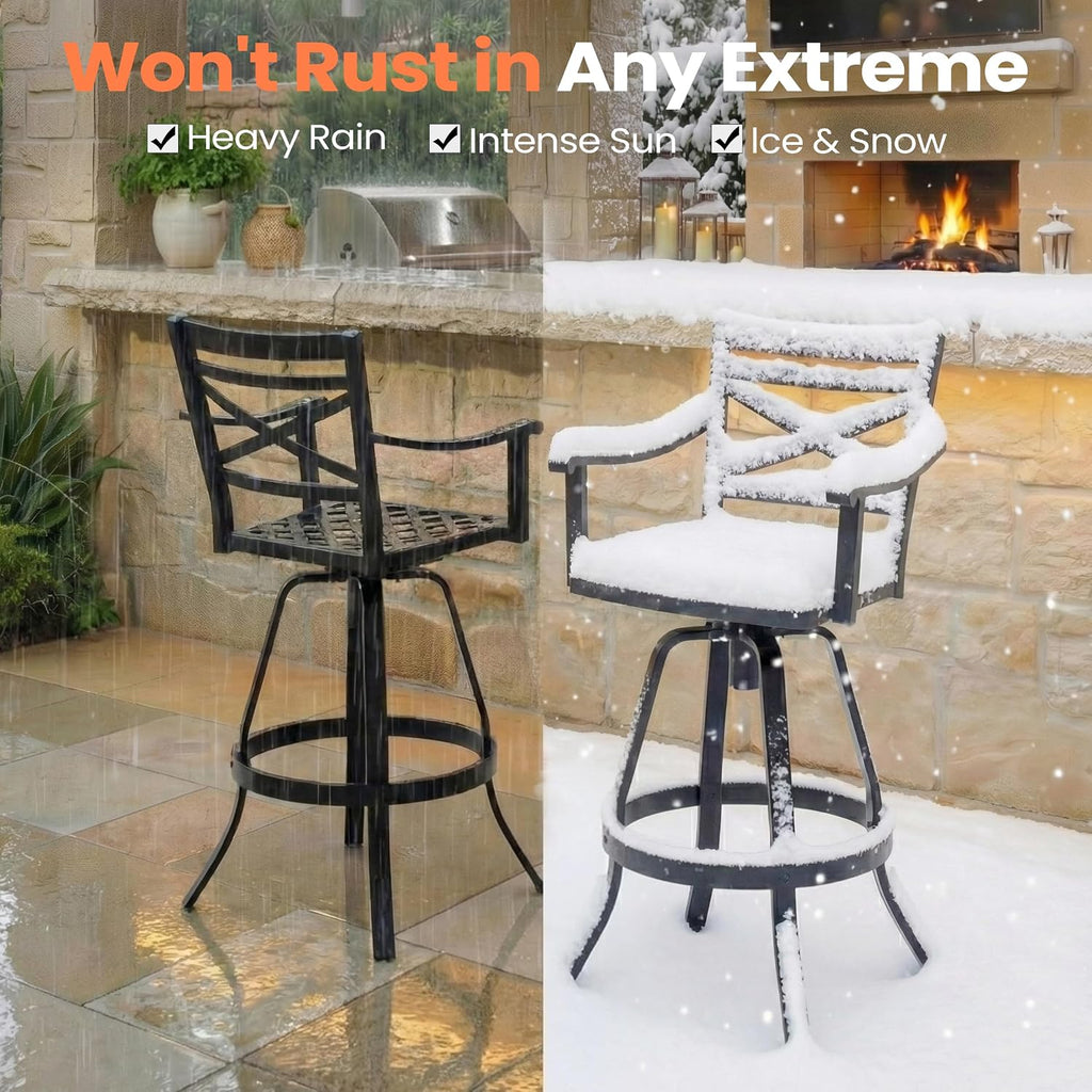 Pellebant Swivel Aluminum Outdoor Bar Stools Set of 2, 30" Patio Bar Height Bar Stools with Sunbrella Cushion & Back, Anti-Rust Barstools for Deck Backyard Garden, Cast Silver