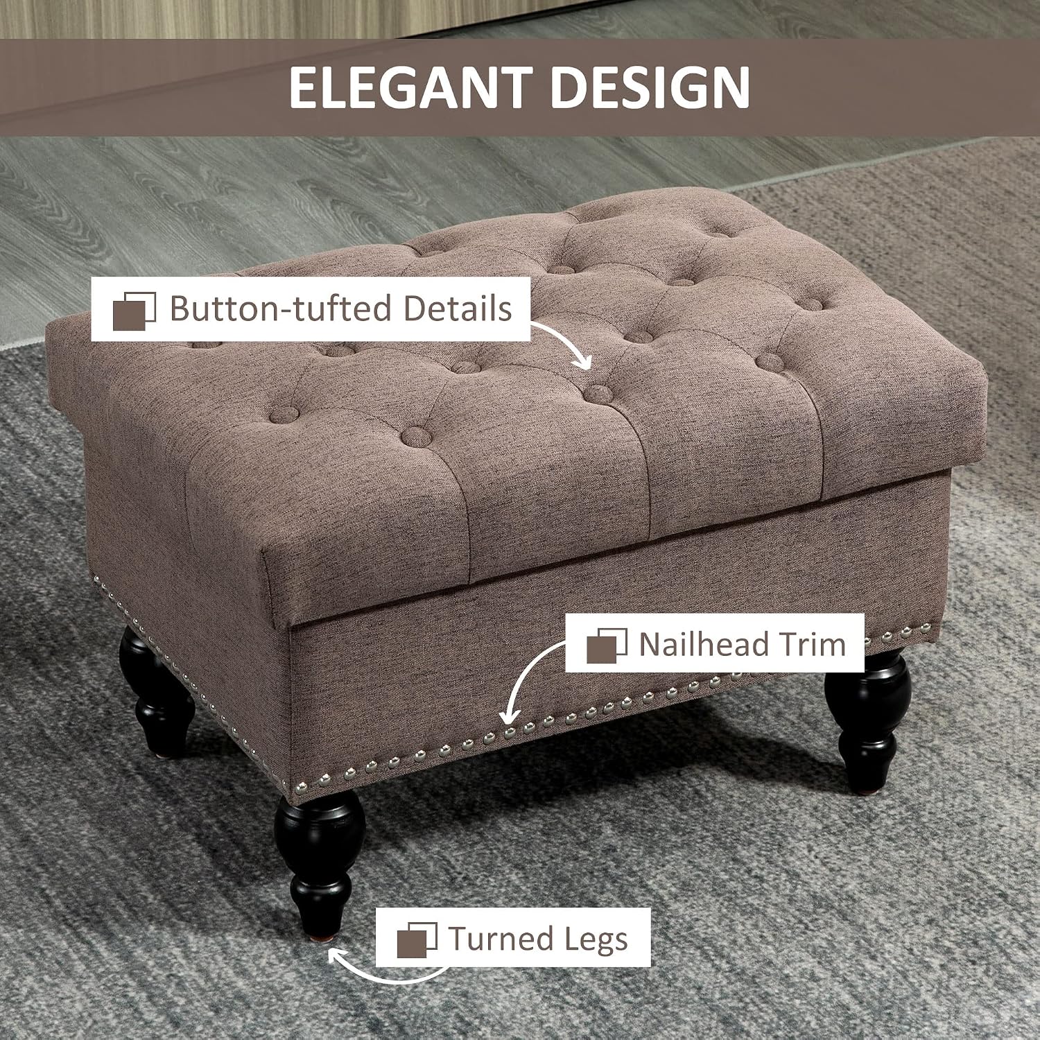Versatile Upholstered Storage Ottoman with Tufted Lid and Nailhead Trim for Living Room, Bedroom or Entryway